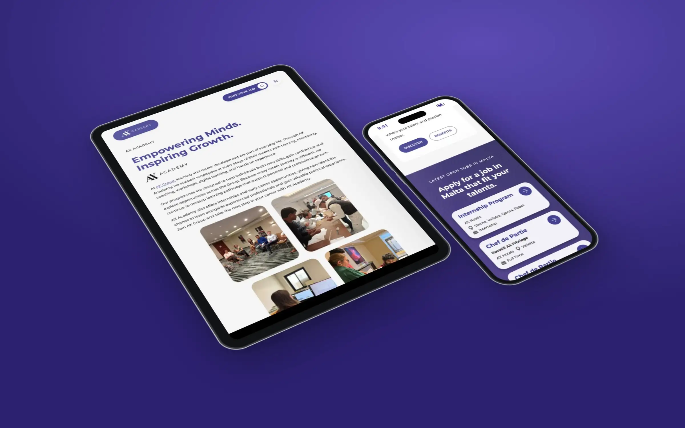 The AX Academy page on a tablet and latest jobs on a phone, AX Careers Malta website by M7Alpha