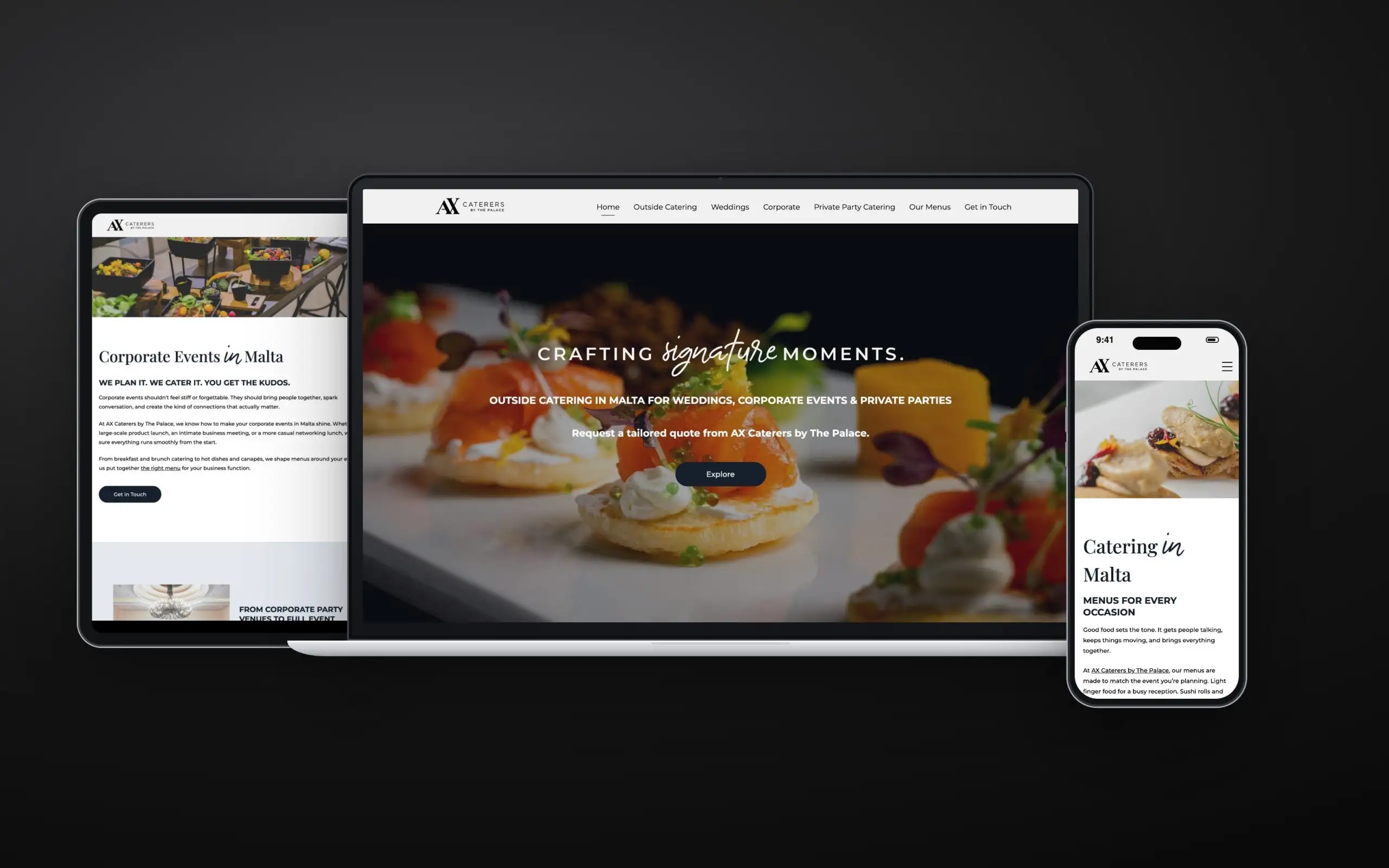 AX Caterers website on laptop, tablet and phone
