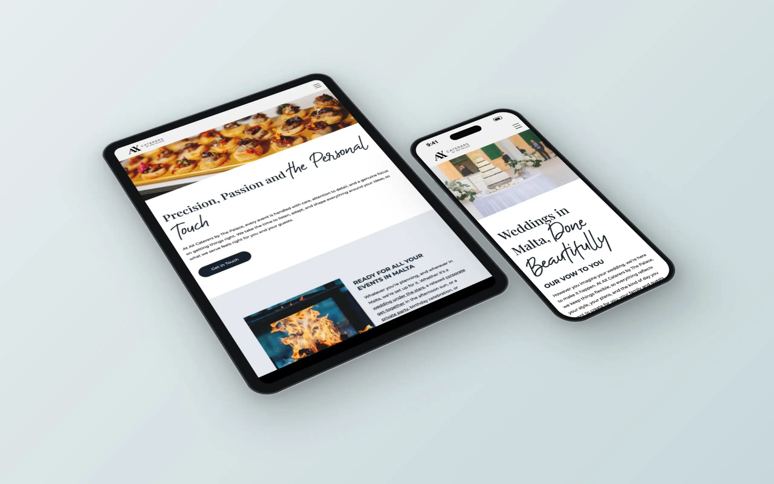 AX Caterers website on a tablet and a phone