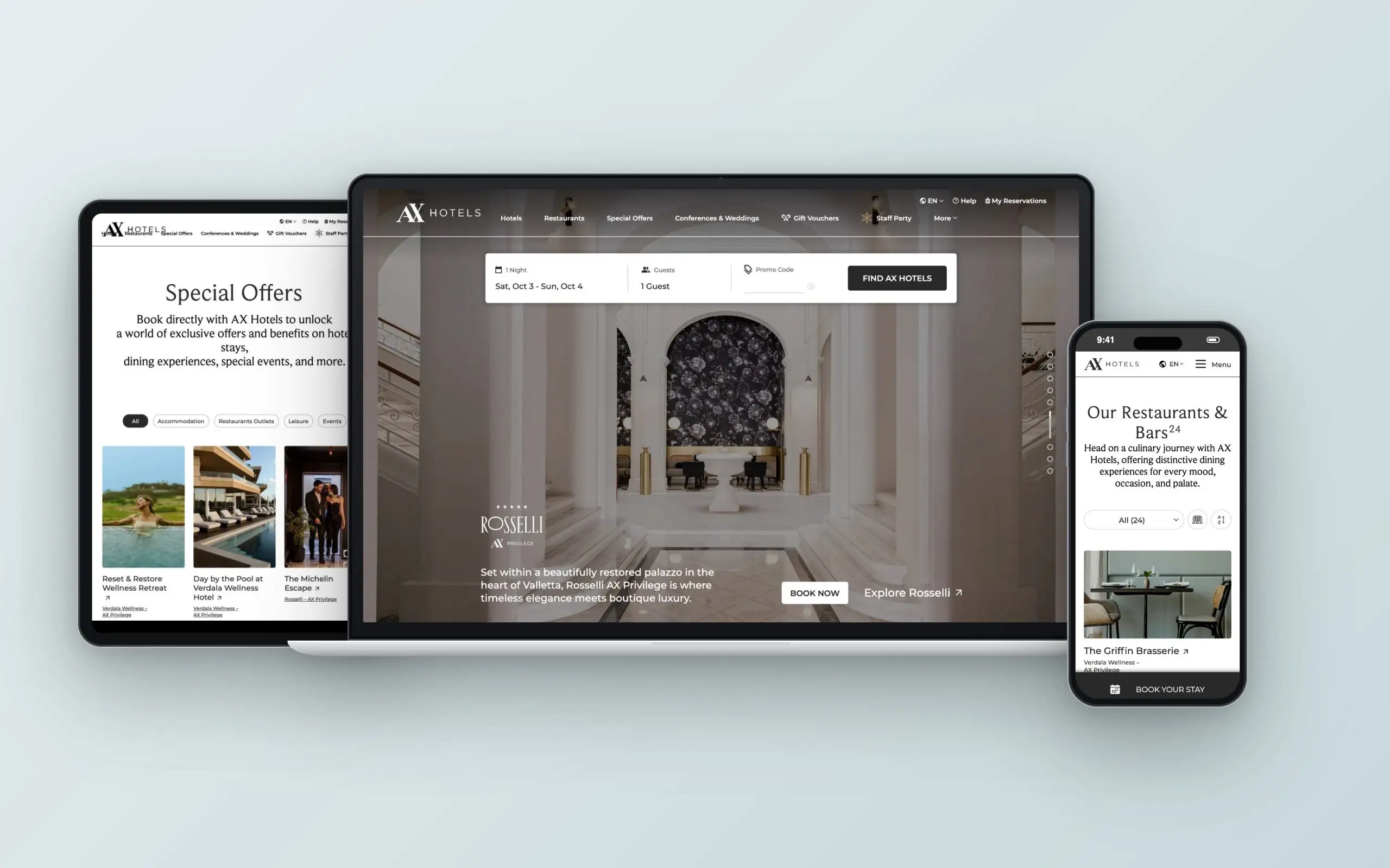 AX Hotels website on laptop, tablet and phone