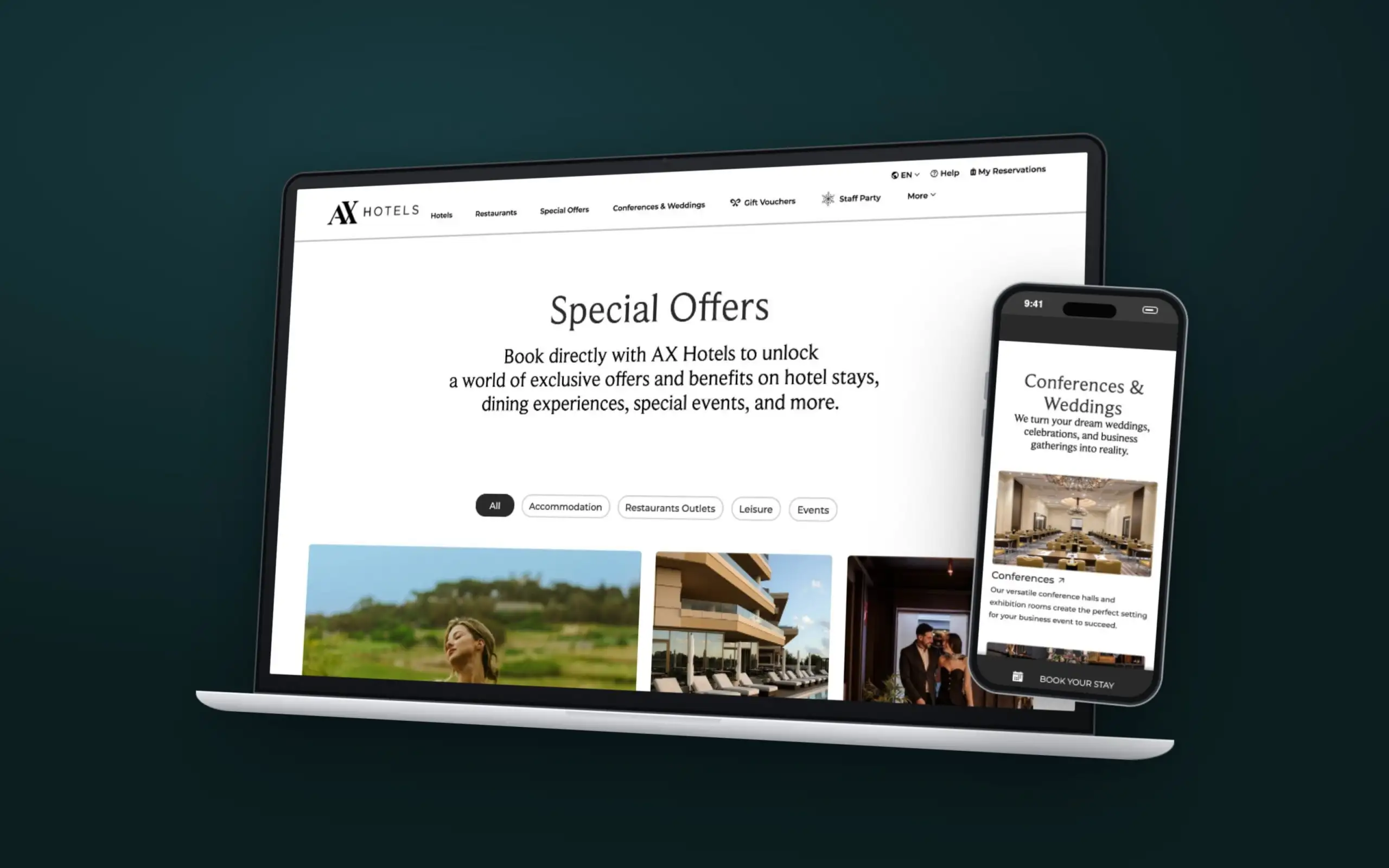AX Hotels website on an angled laptop and a phone