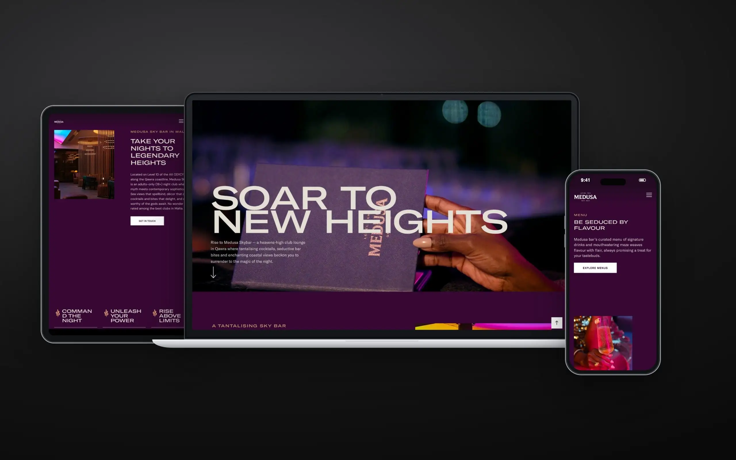 Medusa Skybar website on laptop, tablet and phone