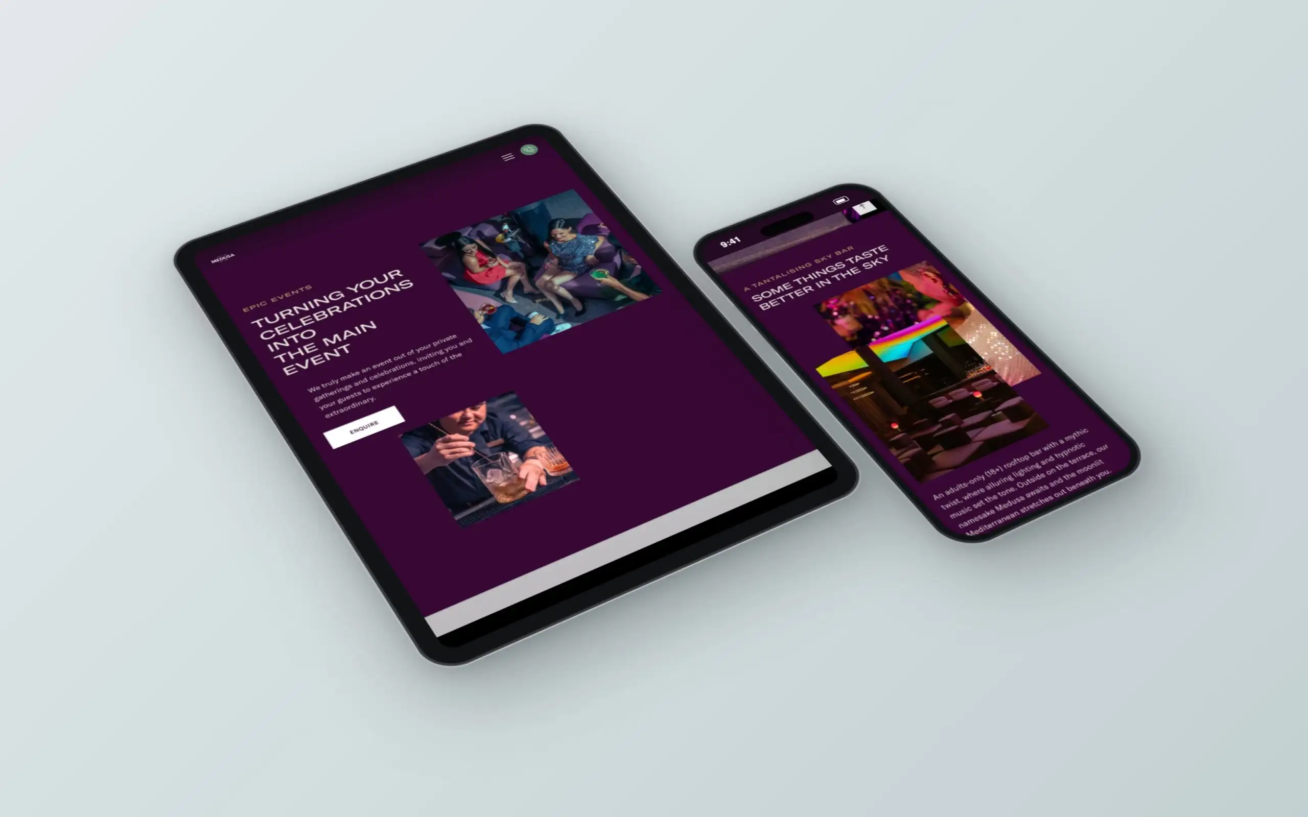 Medusa Skybar website on a tablet and a phone
