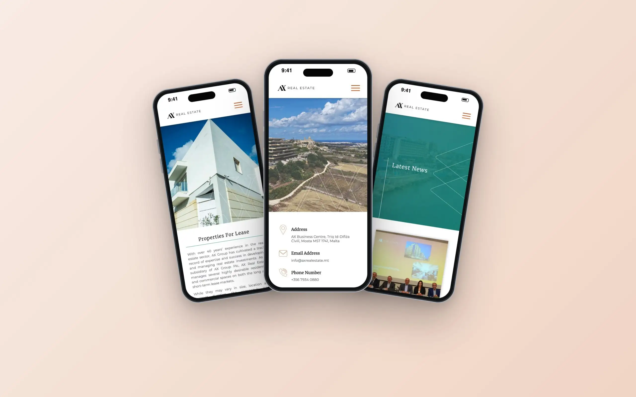 AX Real Estate website on three phones