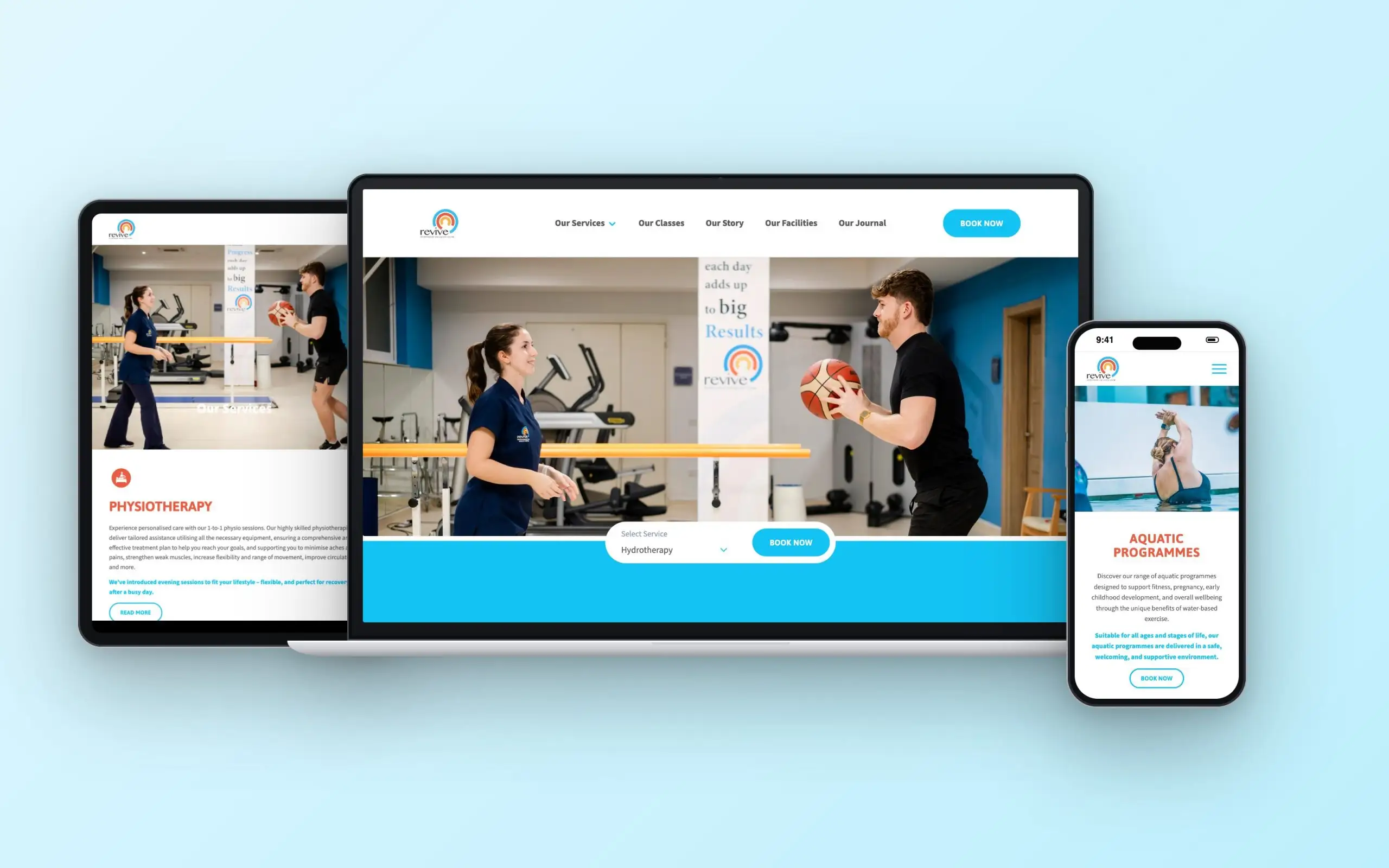 Revive Physio & Aquatic Centre website on laptop, tablet and phone