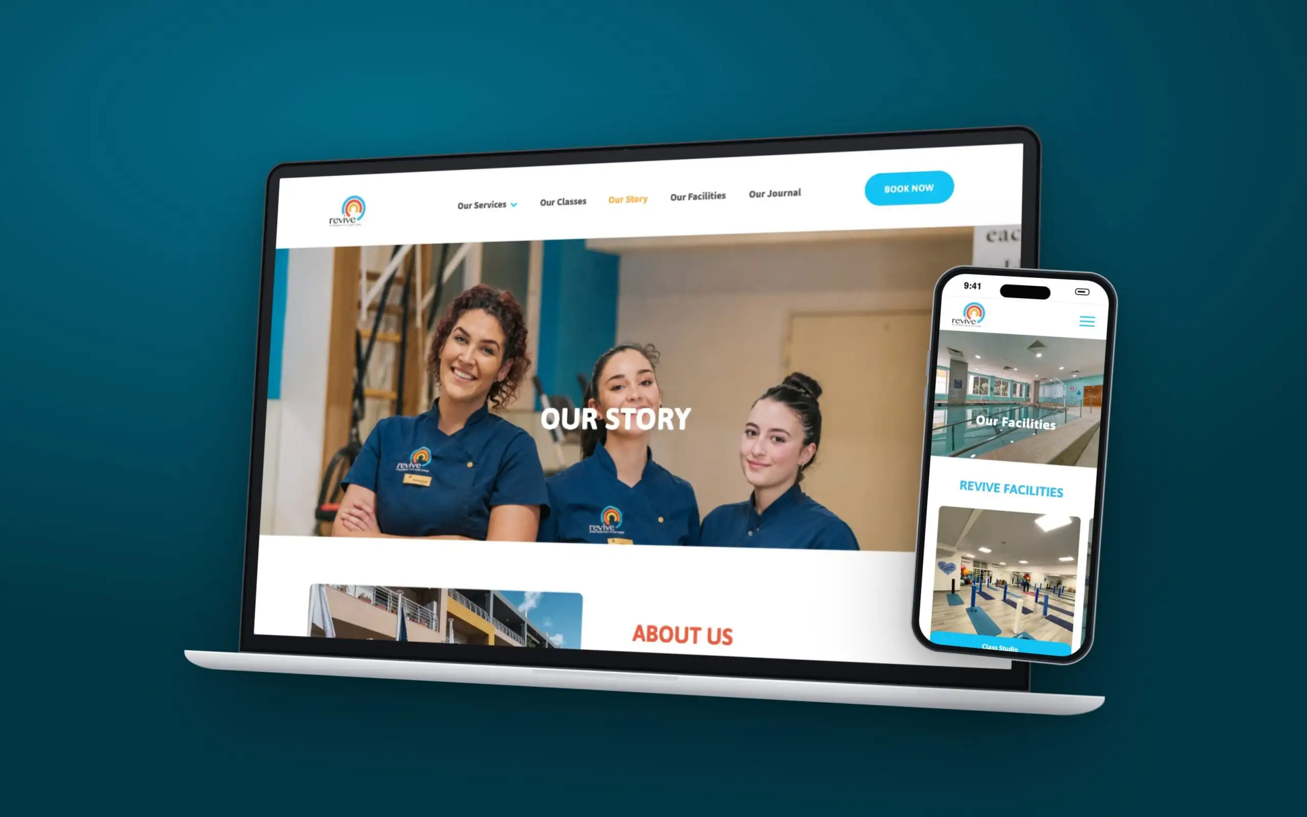 Revive Physio & Aquatic Centre website on an angled laptop and a phone
