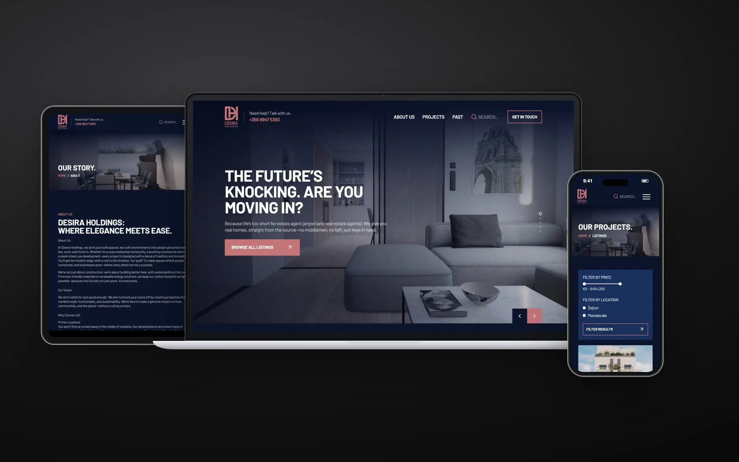Desira Properties website on laptop, tablet and phone