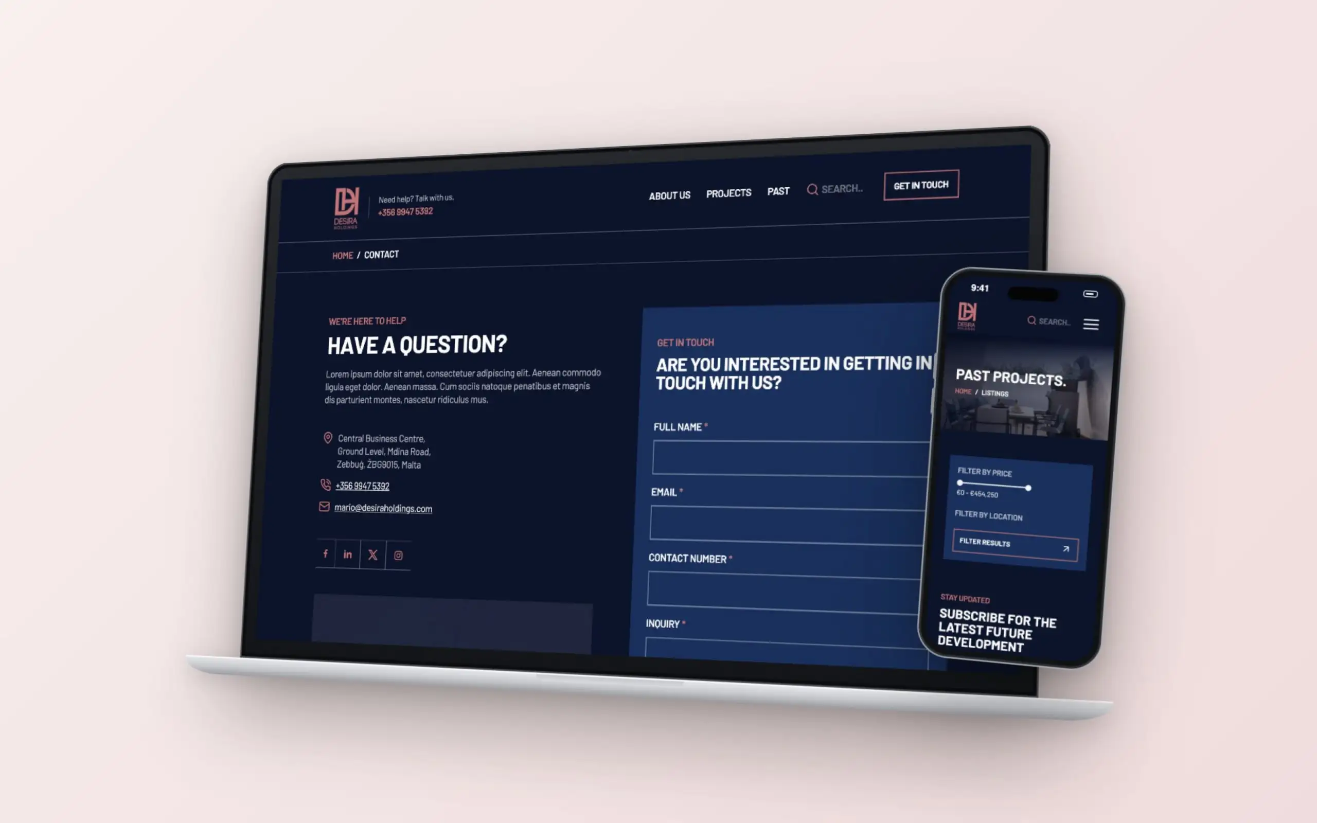 Desira Properties website on an angled laptop and a phone
