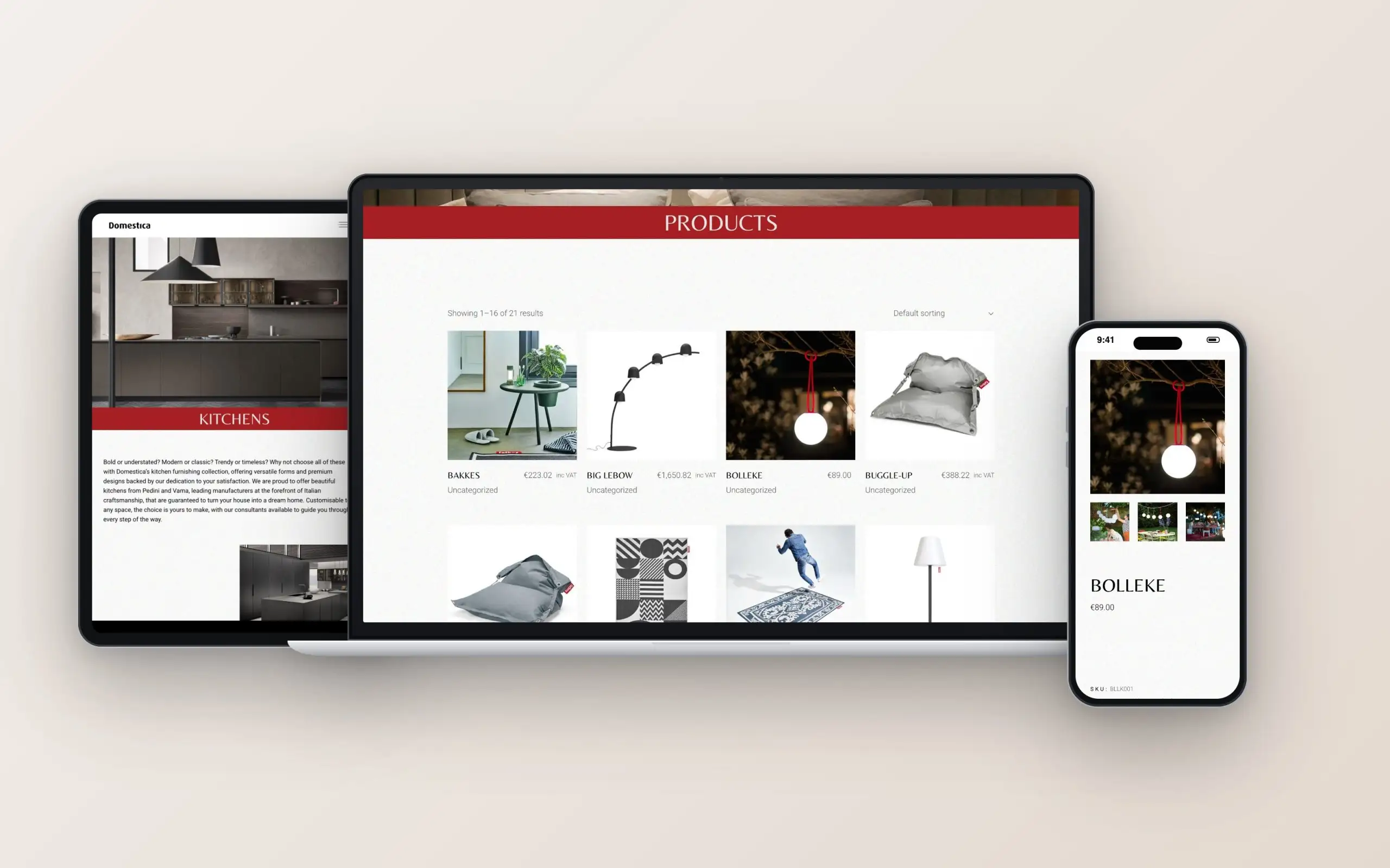 Domestica website on laptop, tablet and phone: shop product grid, kitchens page and a product page