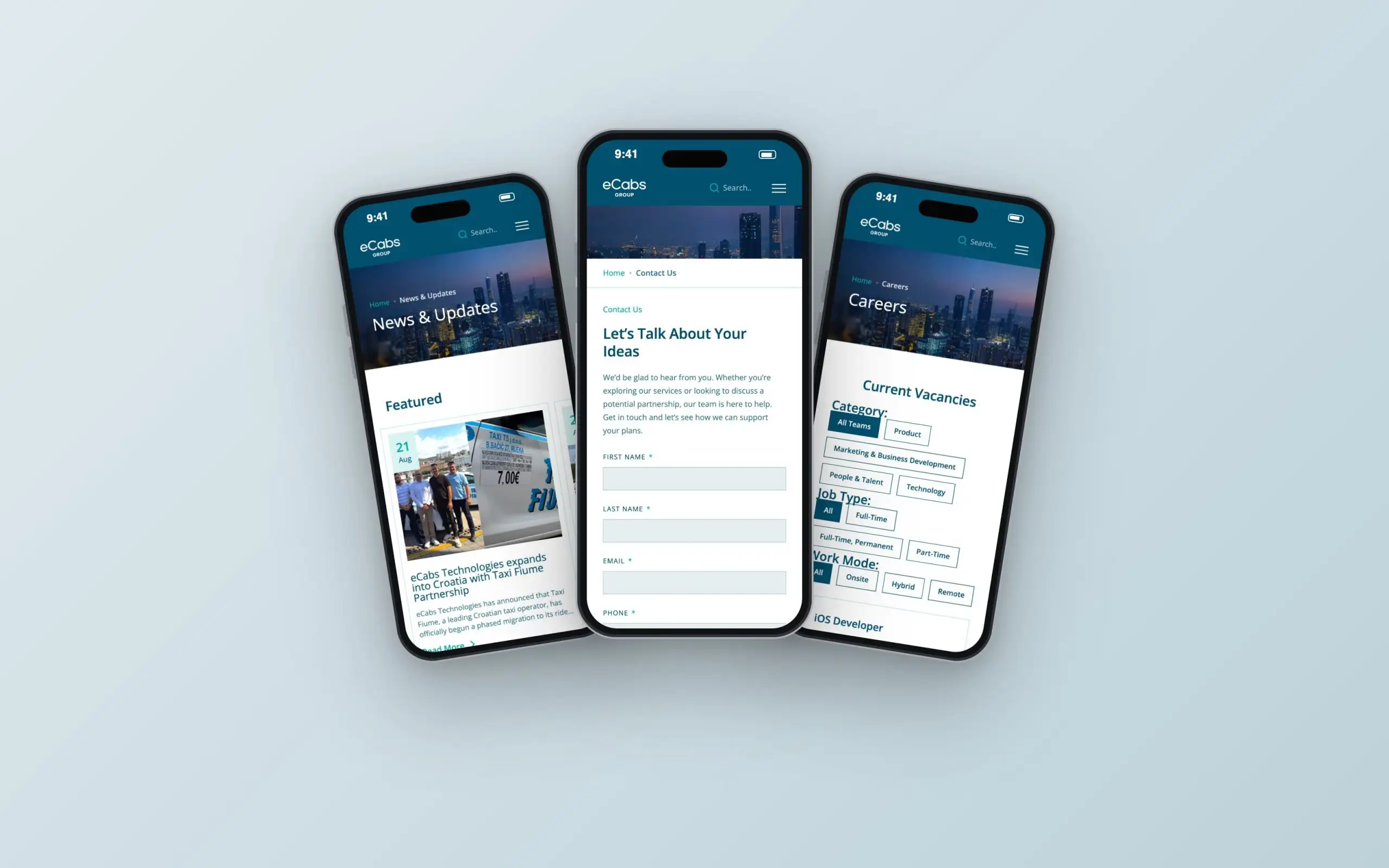 eCabs Group website on three phones