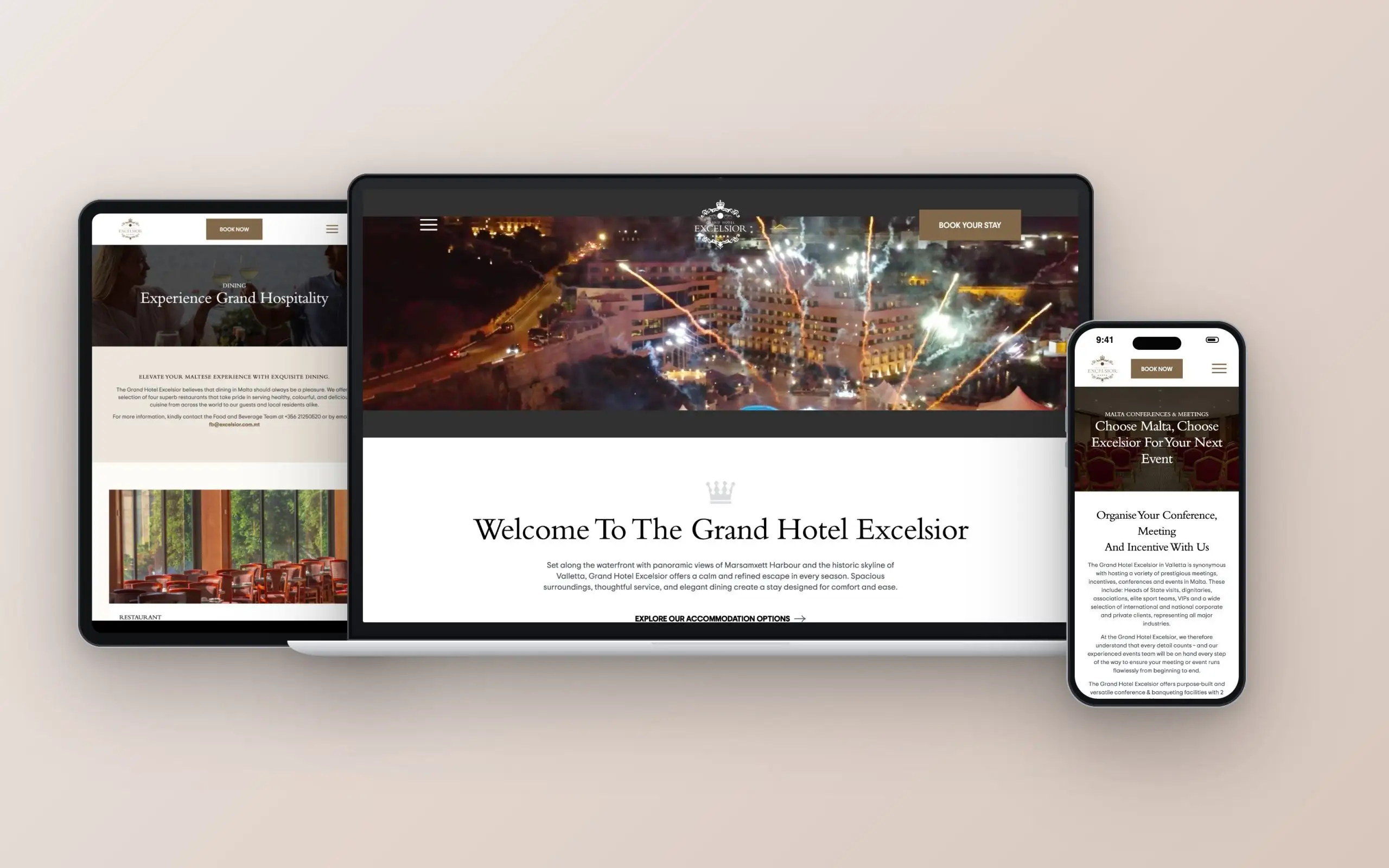 Grand Hotel Excelsior Malta website on laptop, tablet and phone