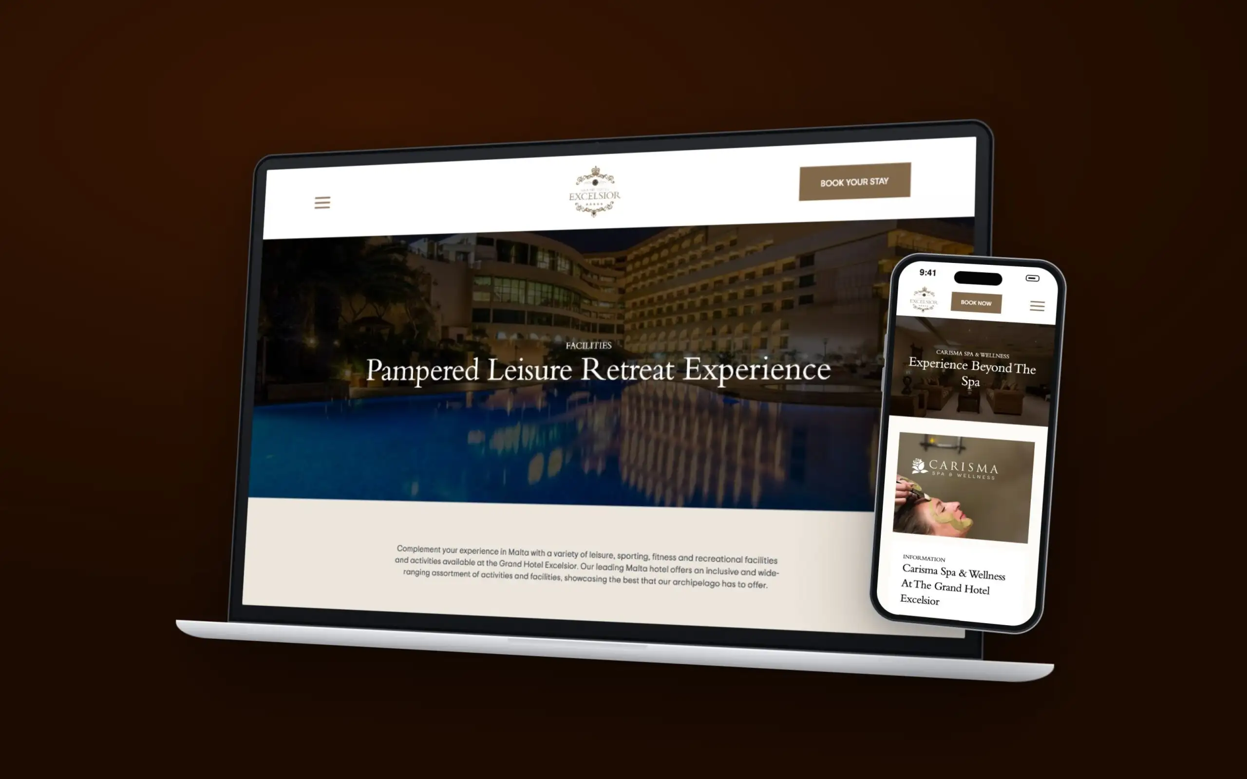 Grand Hotel Excelsior Malta website on an angled laptop and a phone