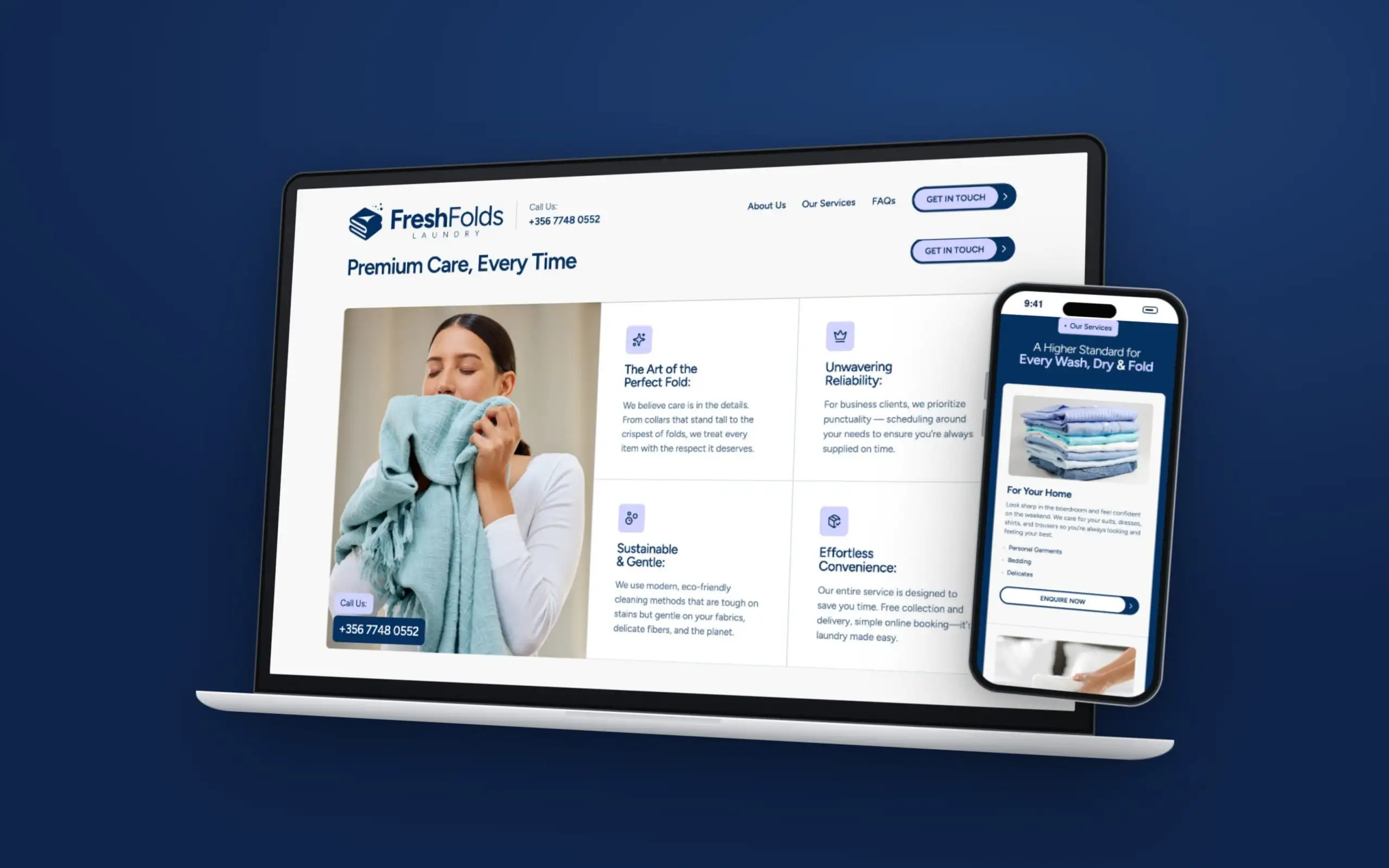 FreshFolds website on an angled laptop with the services section on a phone