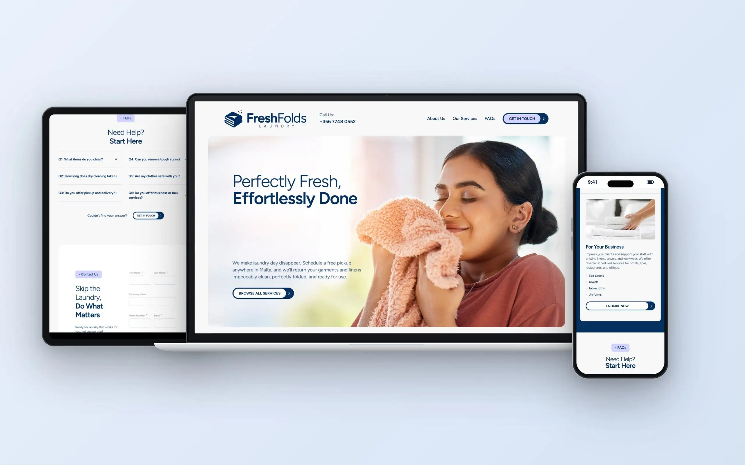 FreshFolds website: homepage on laptop, FAQs on tablet, business laundry service on phone