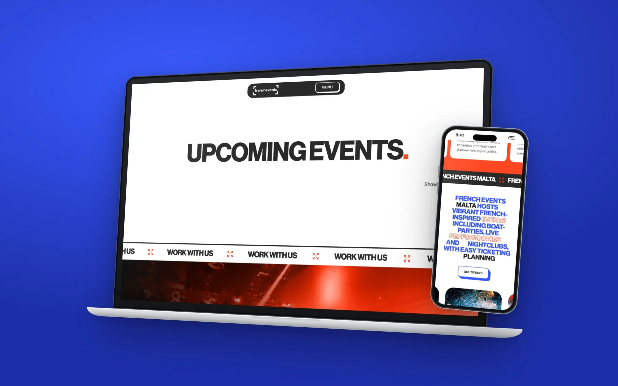 The French Events Malta upcoming events page on an angled laptop with the homepage on a phone