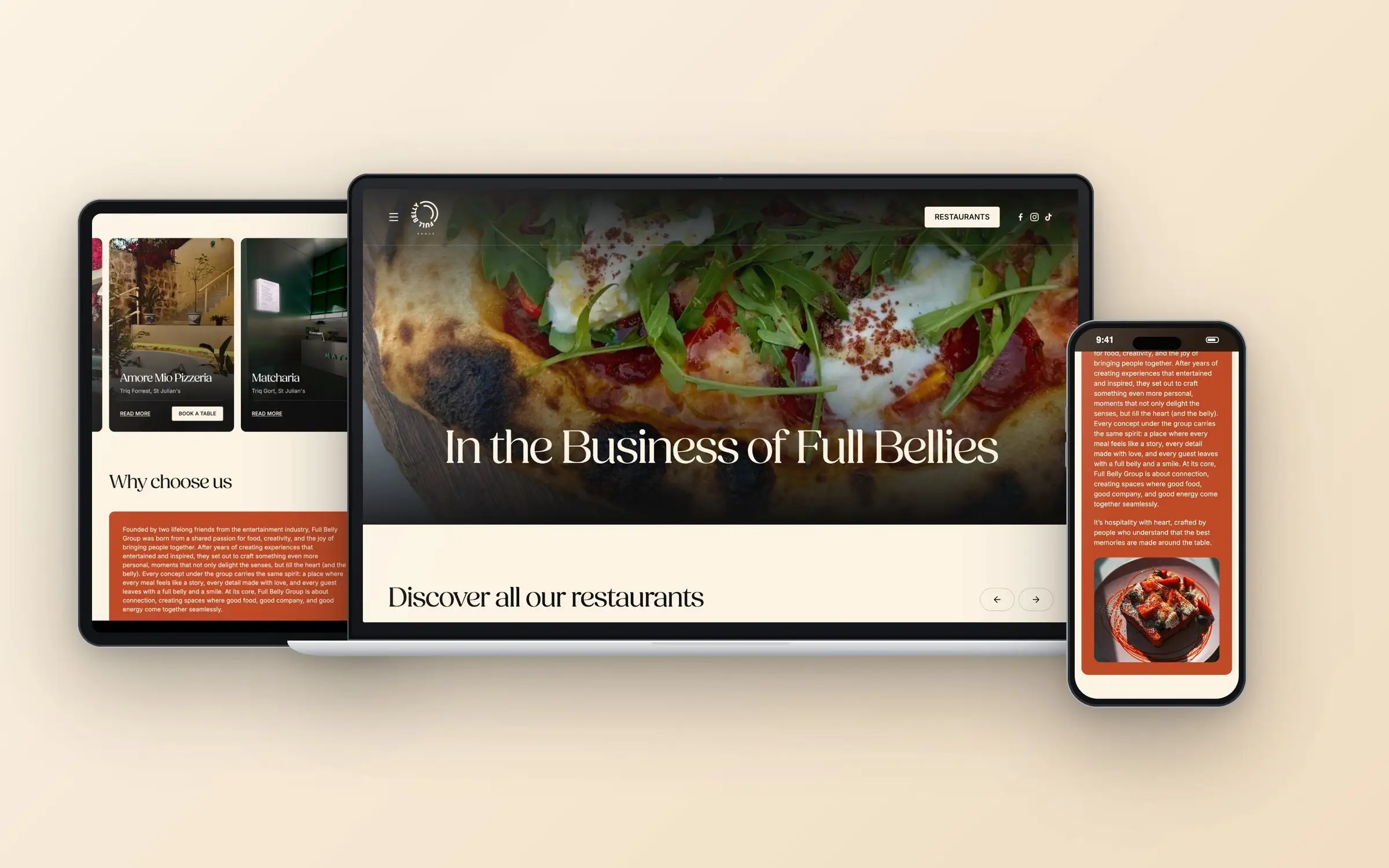Full Belly Group website on laptop, tablet and phone, showing the homepage, restaurant showcase and Why Choose Us section