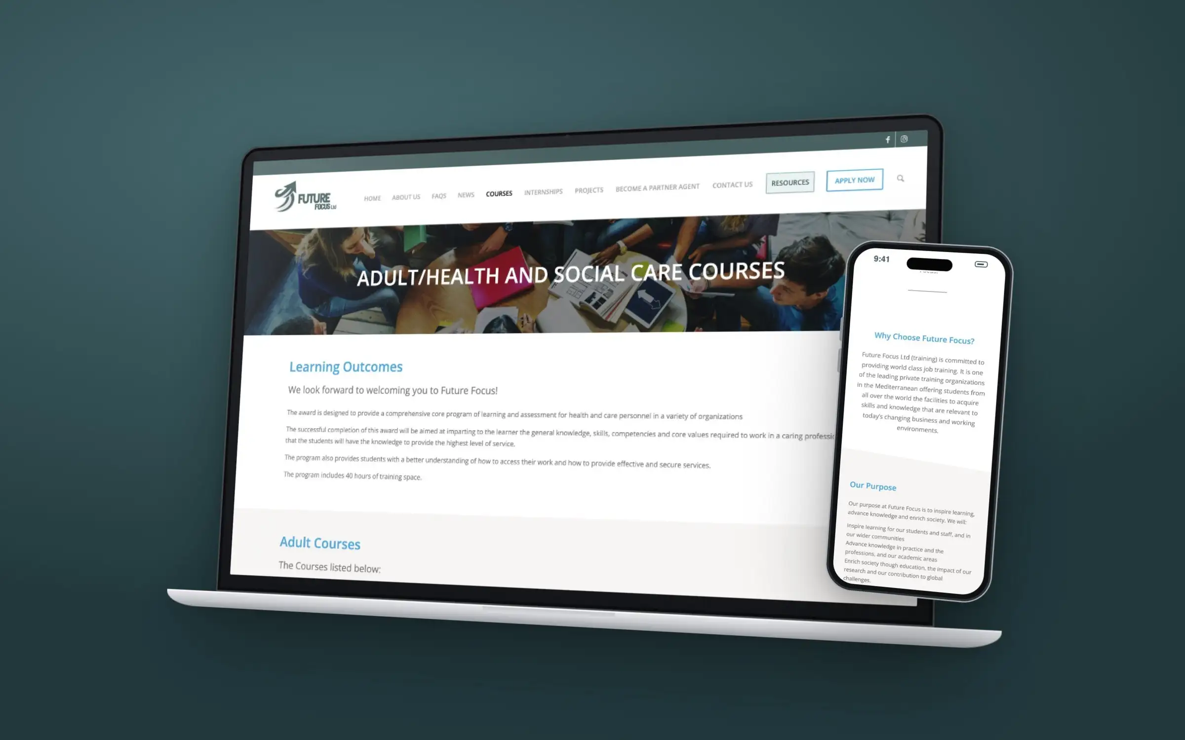 The Future Focus adult health and social care course page on an angled laptop with the homepage on a phone