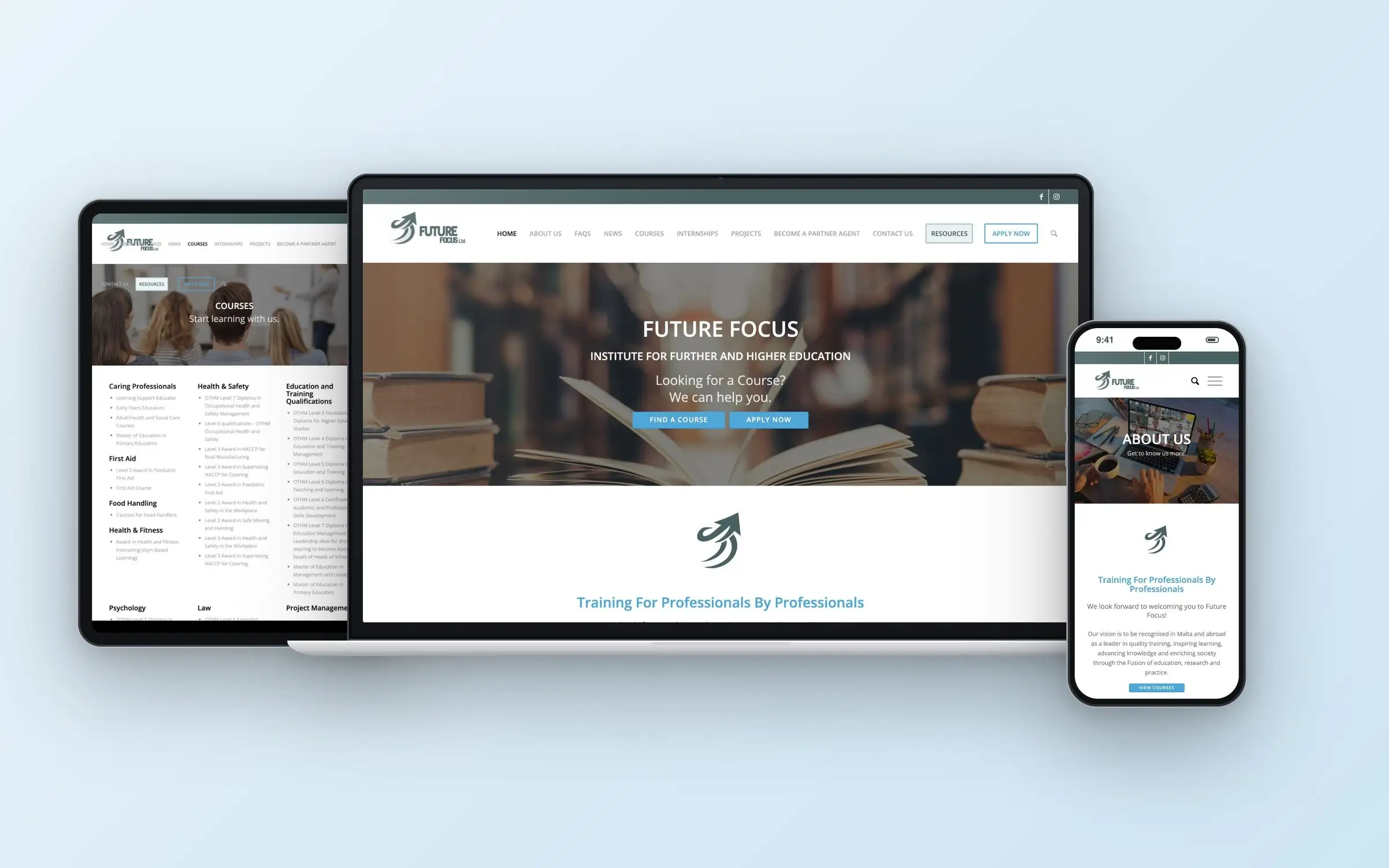 Future Focus website on laptop, tablet and phone, showing the homepage, courses and About Us pages