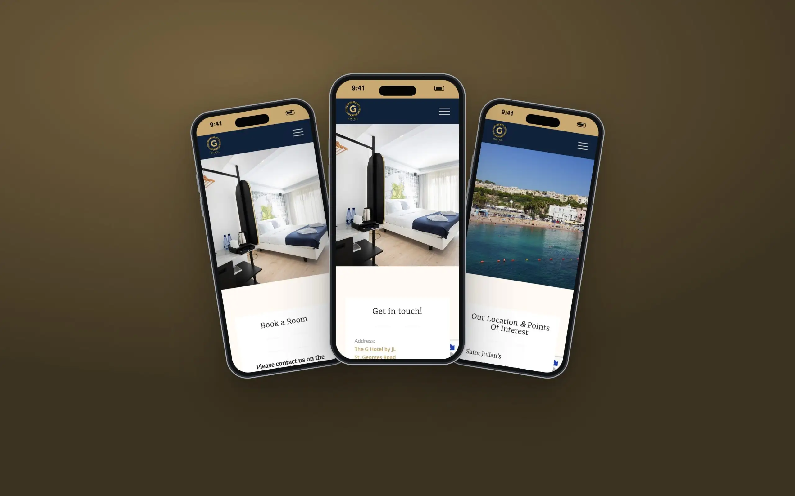 The G Hotel by JL website on three phones