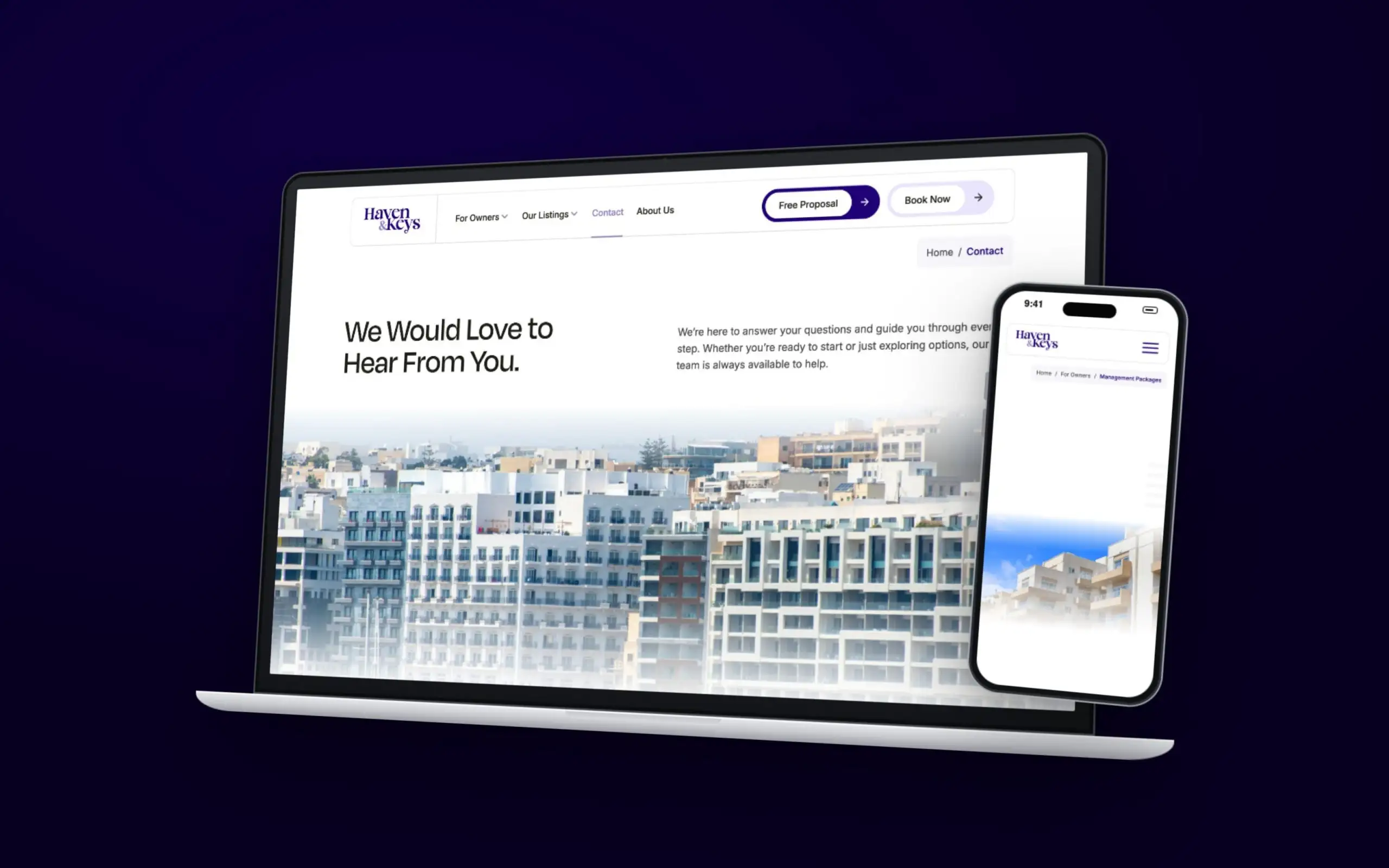 Haven & Keys website on an angled laptop and a phone