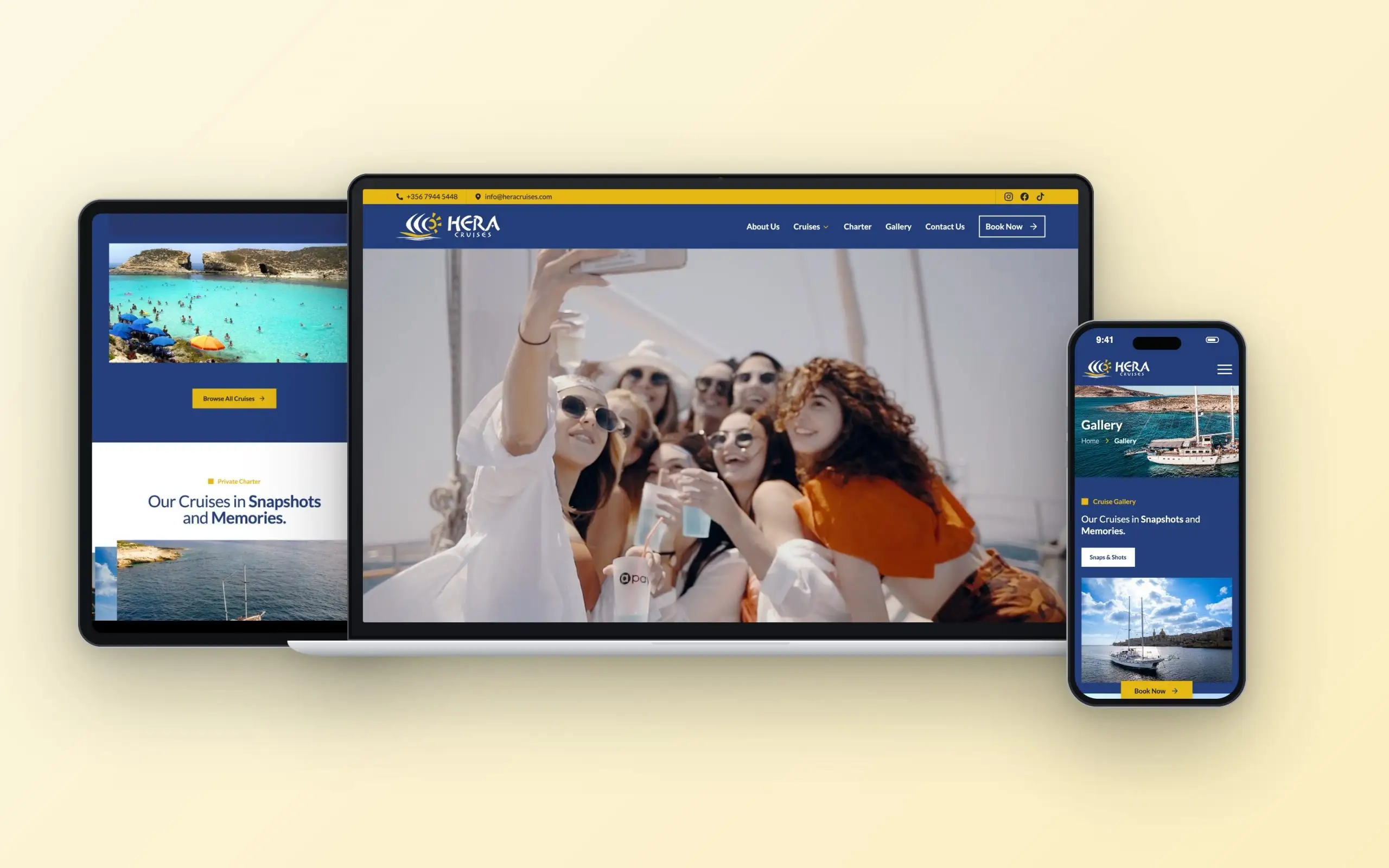 Hera Cruises website on laptop, tablet and phone