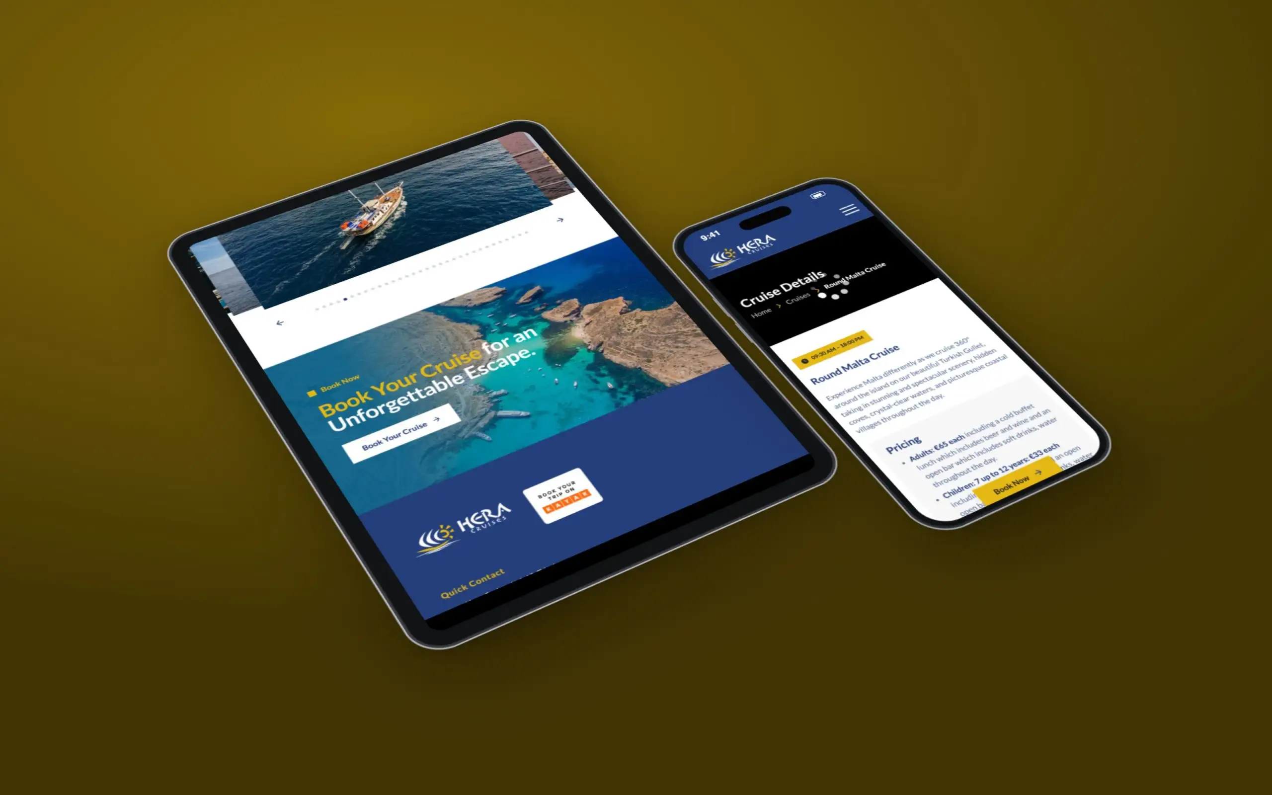 Hera Cruises website on a tablet and a phone