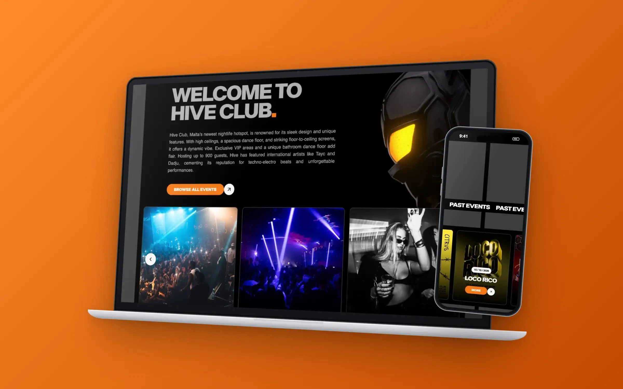 The Hive Club welcome section on an angled laptop with past events on a phone