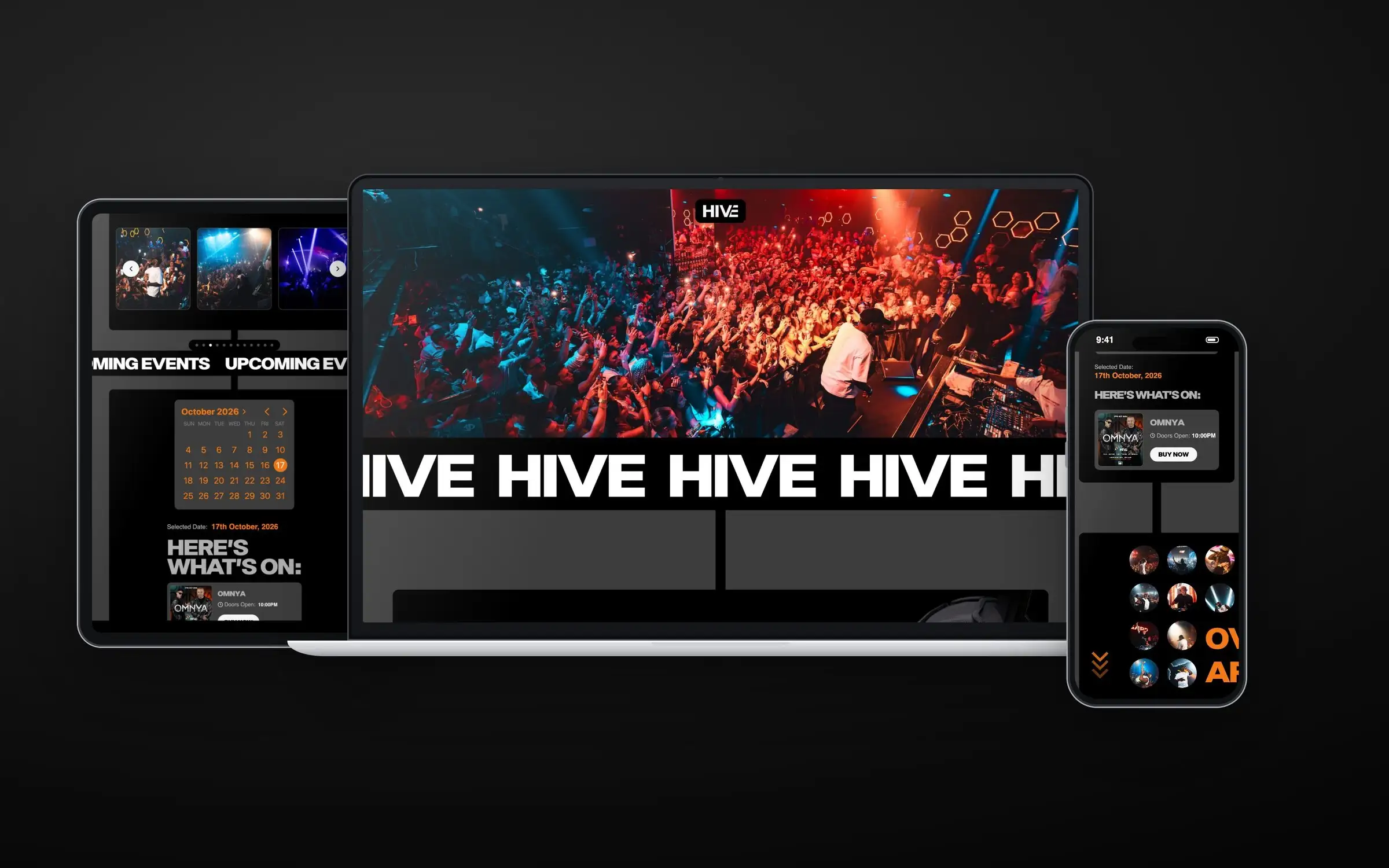 Hive Club Malta website on laptop, tablet and phone, showing the homepage, events calendar and artists
