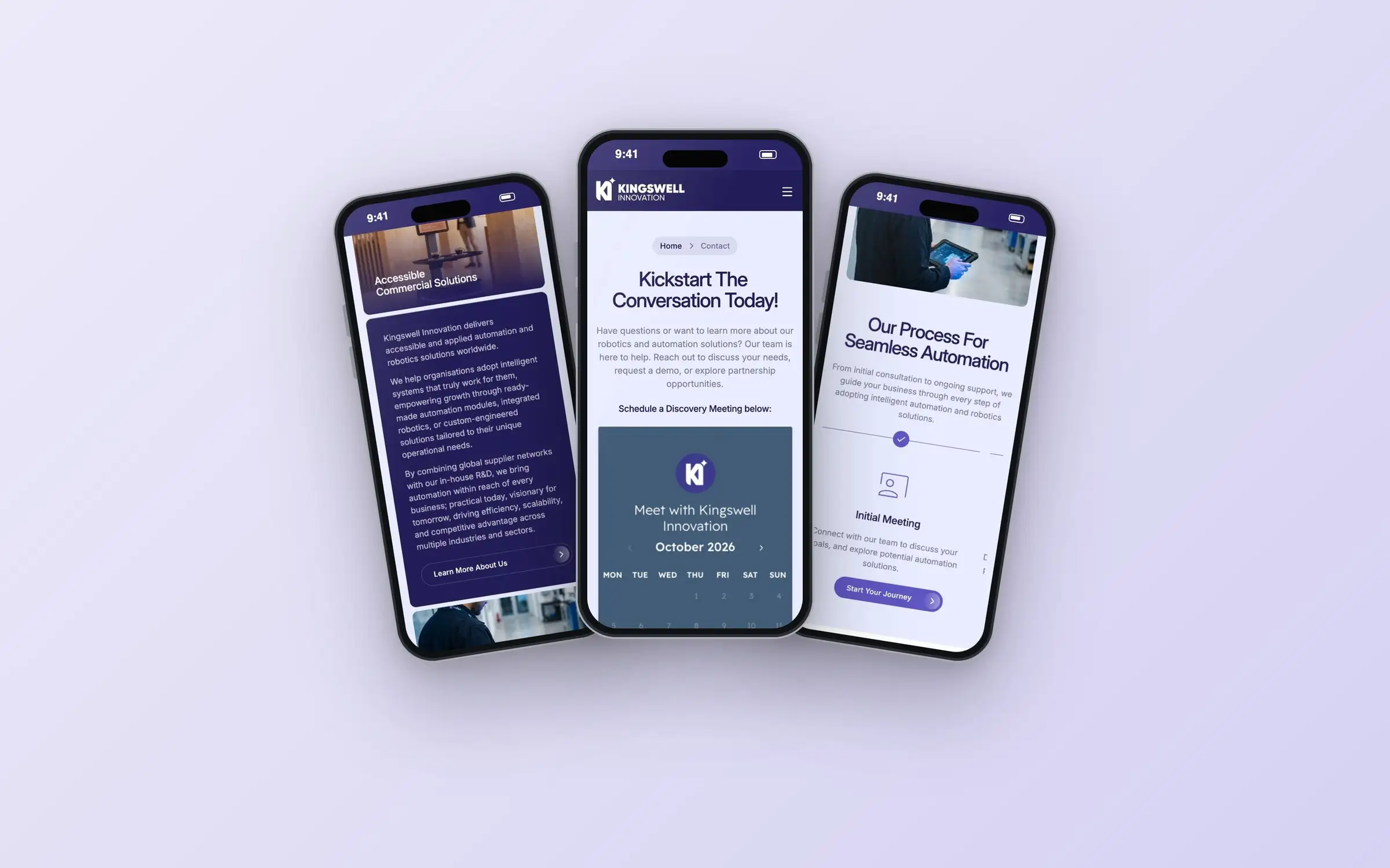 Three phones showing the Kingswell Innovation contact page with meeting scheduler and homepage sections