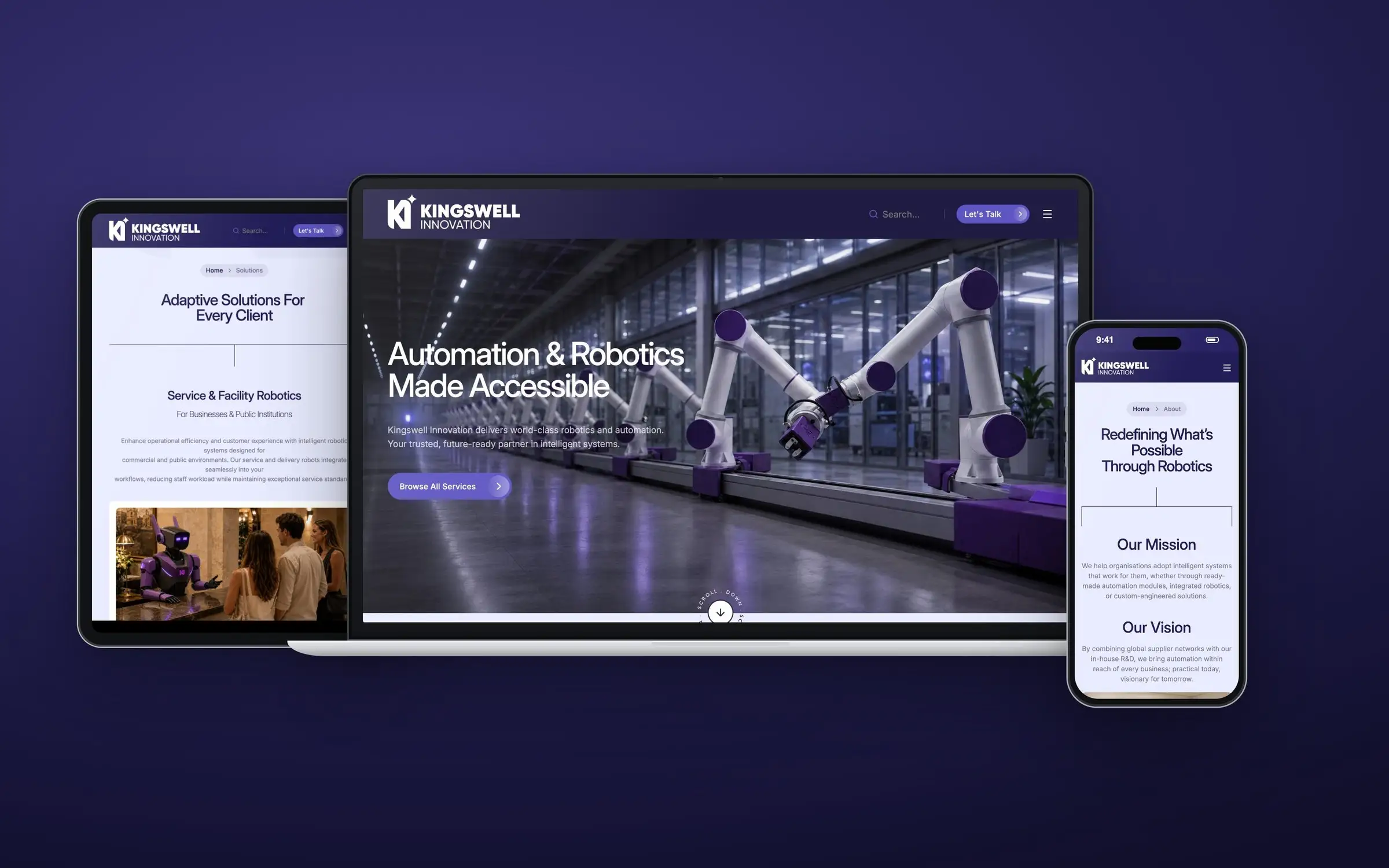 Kingswell Innovation website on laptop, tablet and phone, showing the homepage, Solutions and About pages