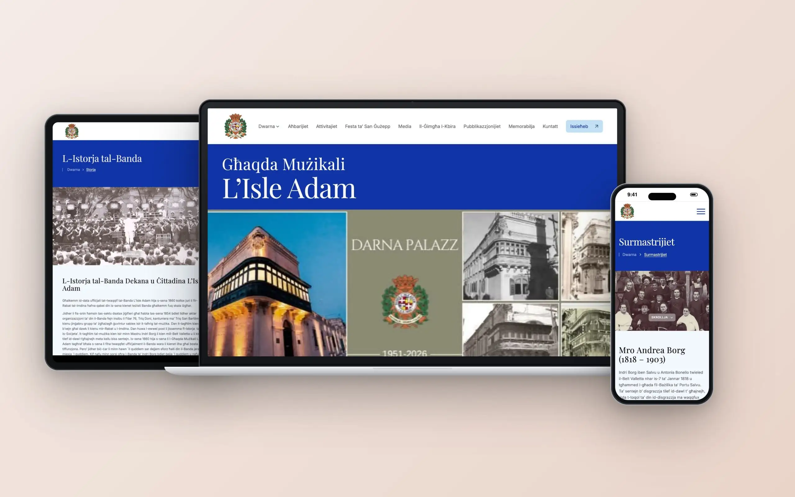 L-Isle Adam Band Club website on laptop, tablet and phone