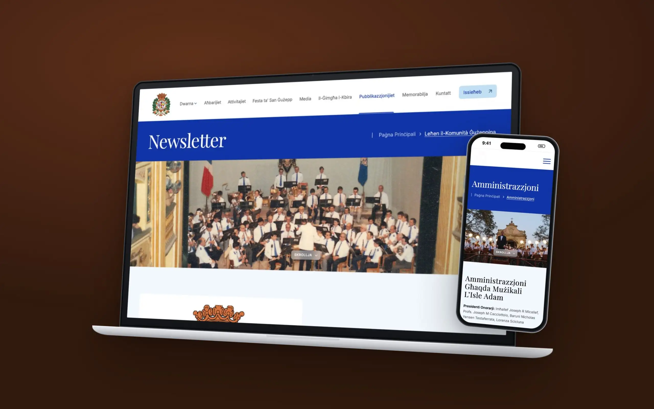 L-Isle Adam Band Club website on an angled laptop and a phone