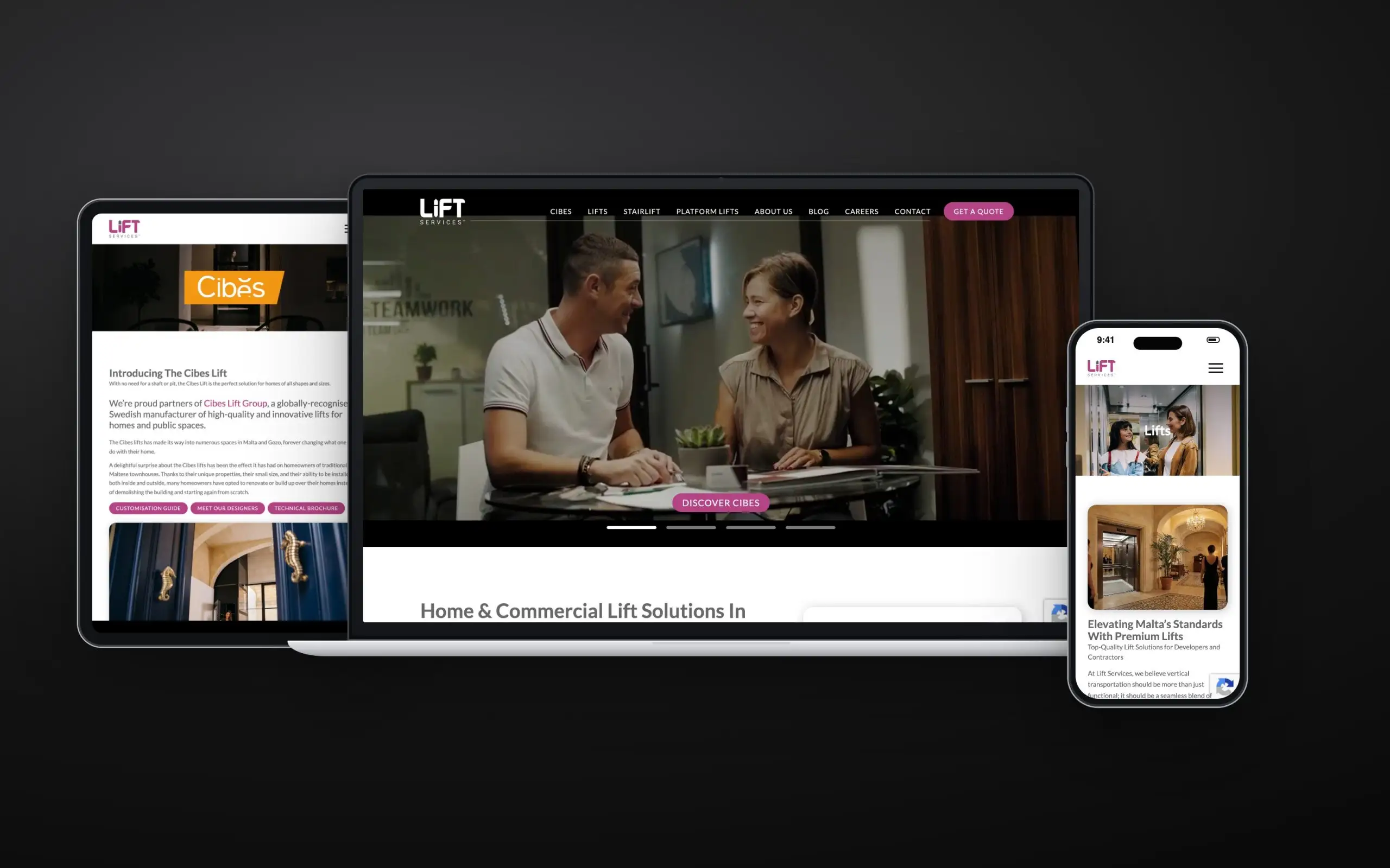 Lift Services website on laptop, tablet and phone