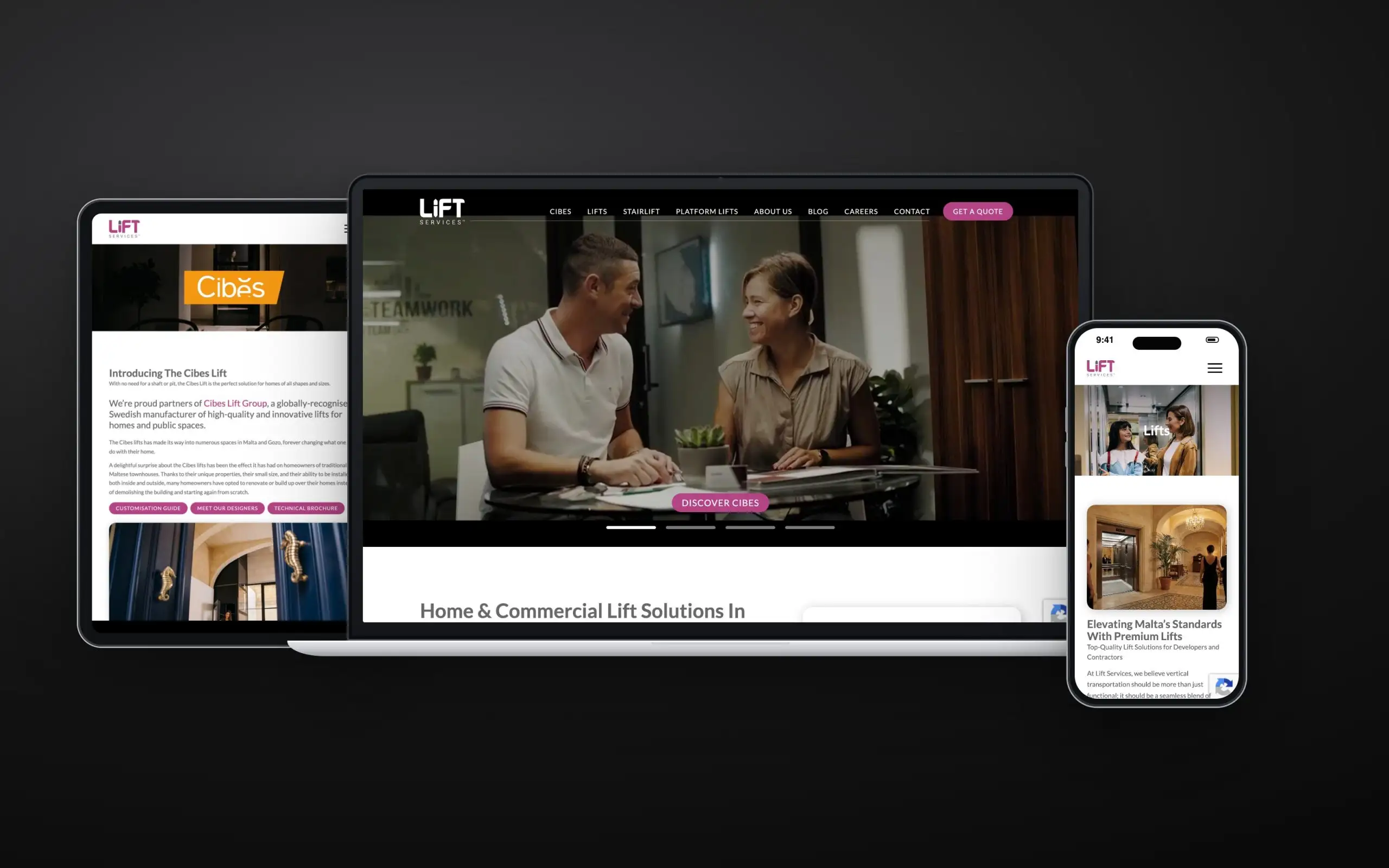 Lift Services website on laptop, tablet and phone