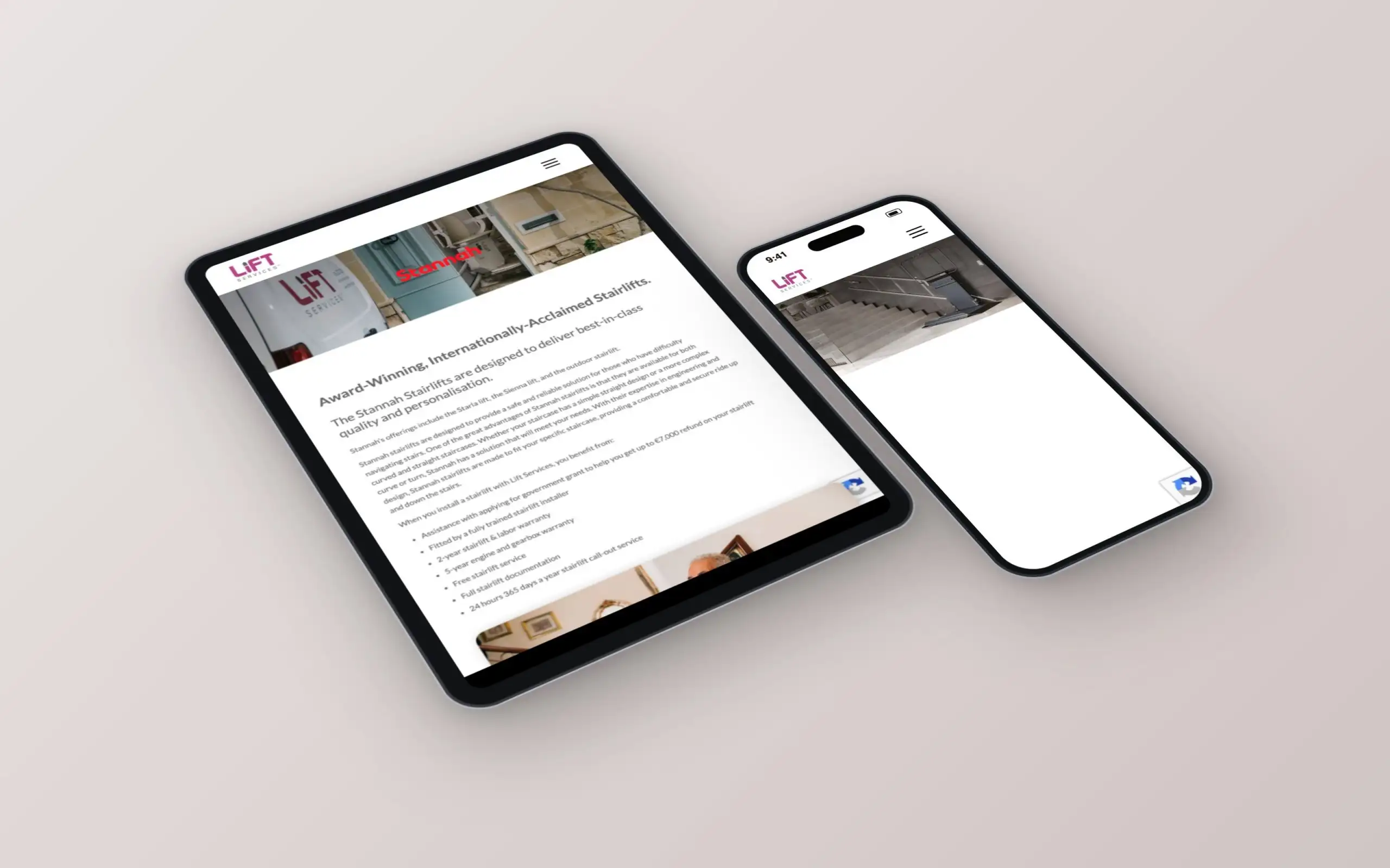 Lift Services website on a tablet and a phone
