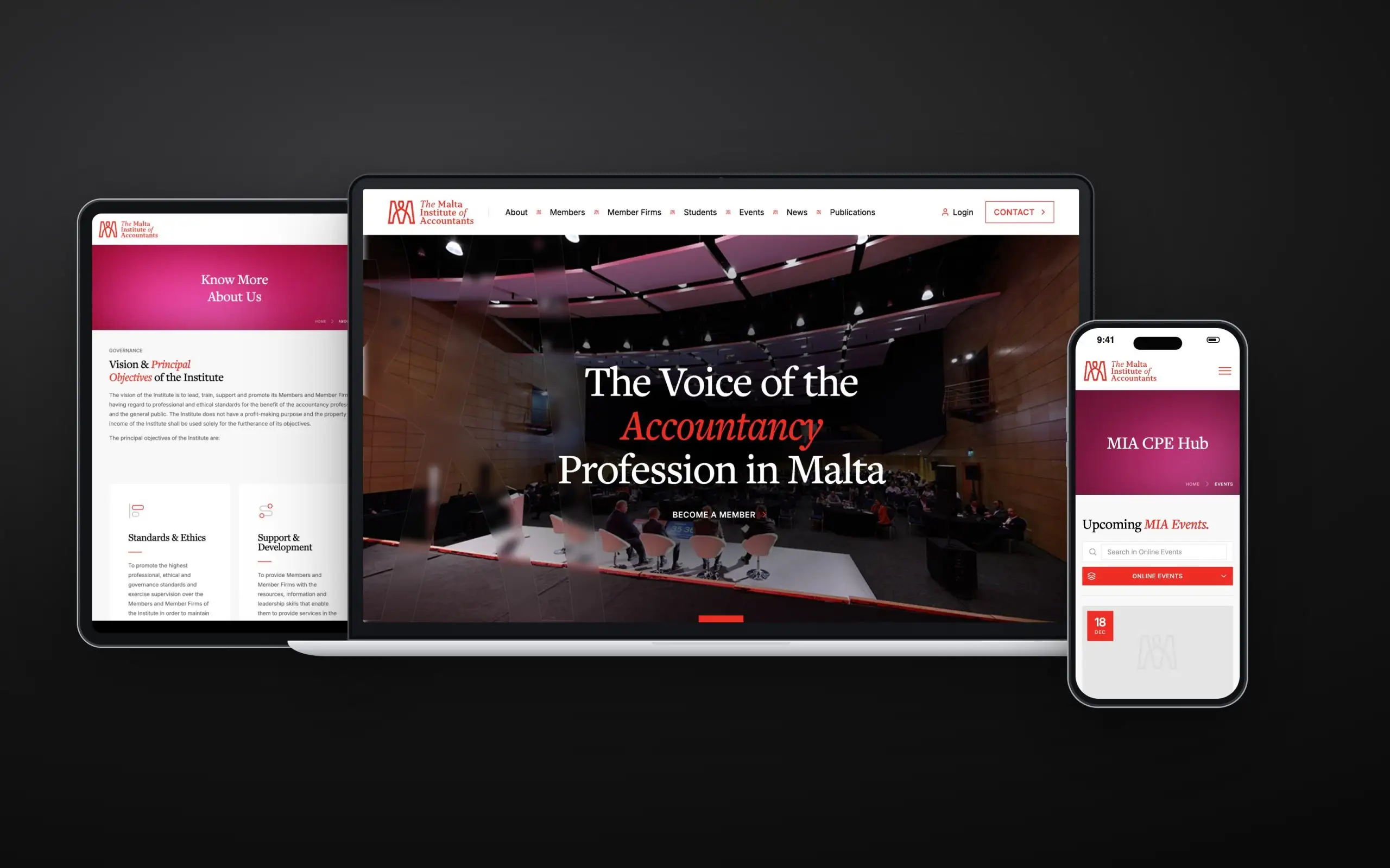 Malta Institute of Accountants website on laptop, tablet and phone