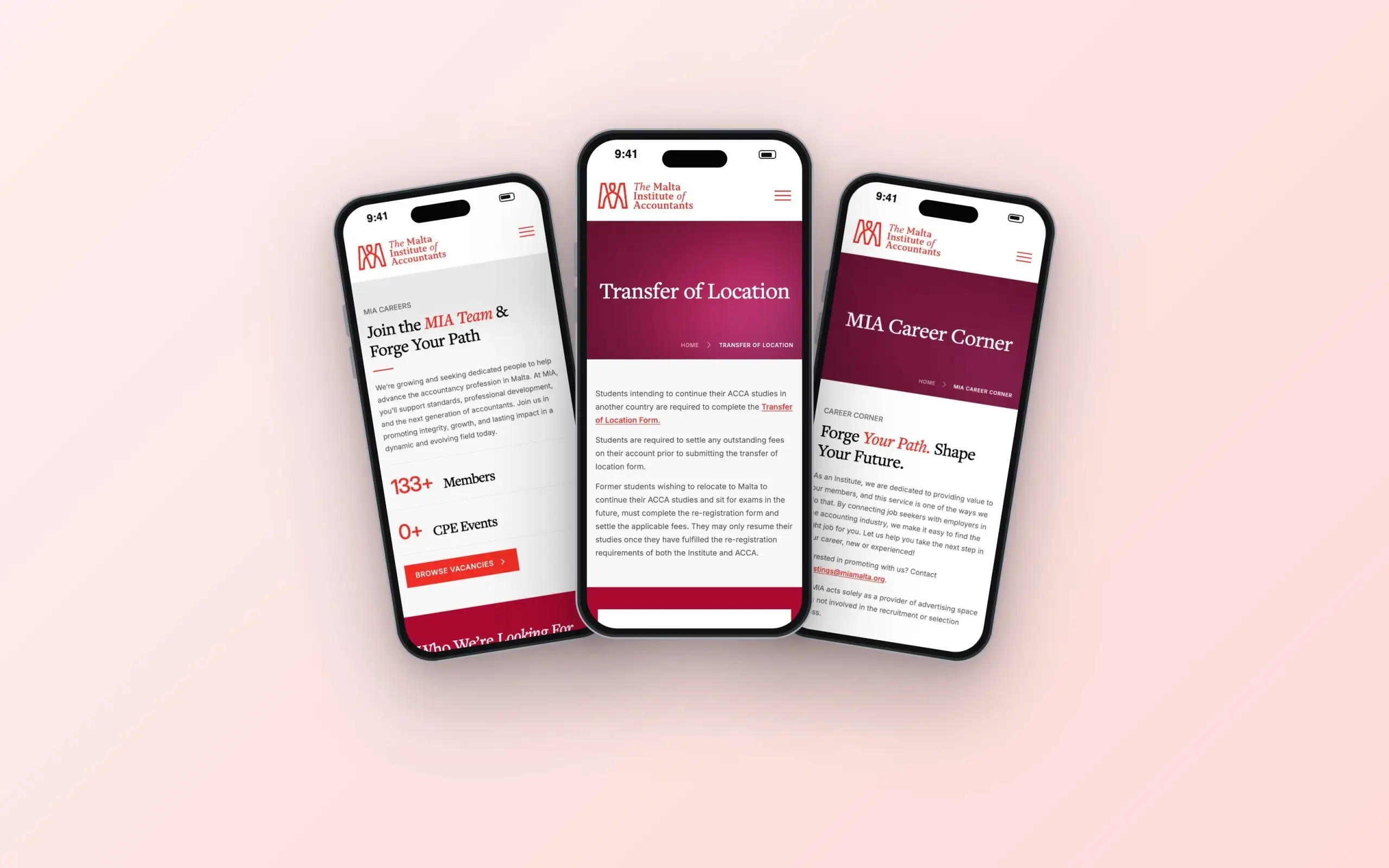 Malta Institute of Accountants website on three phones