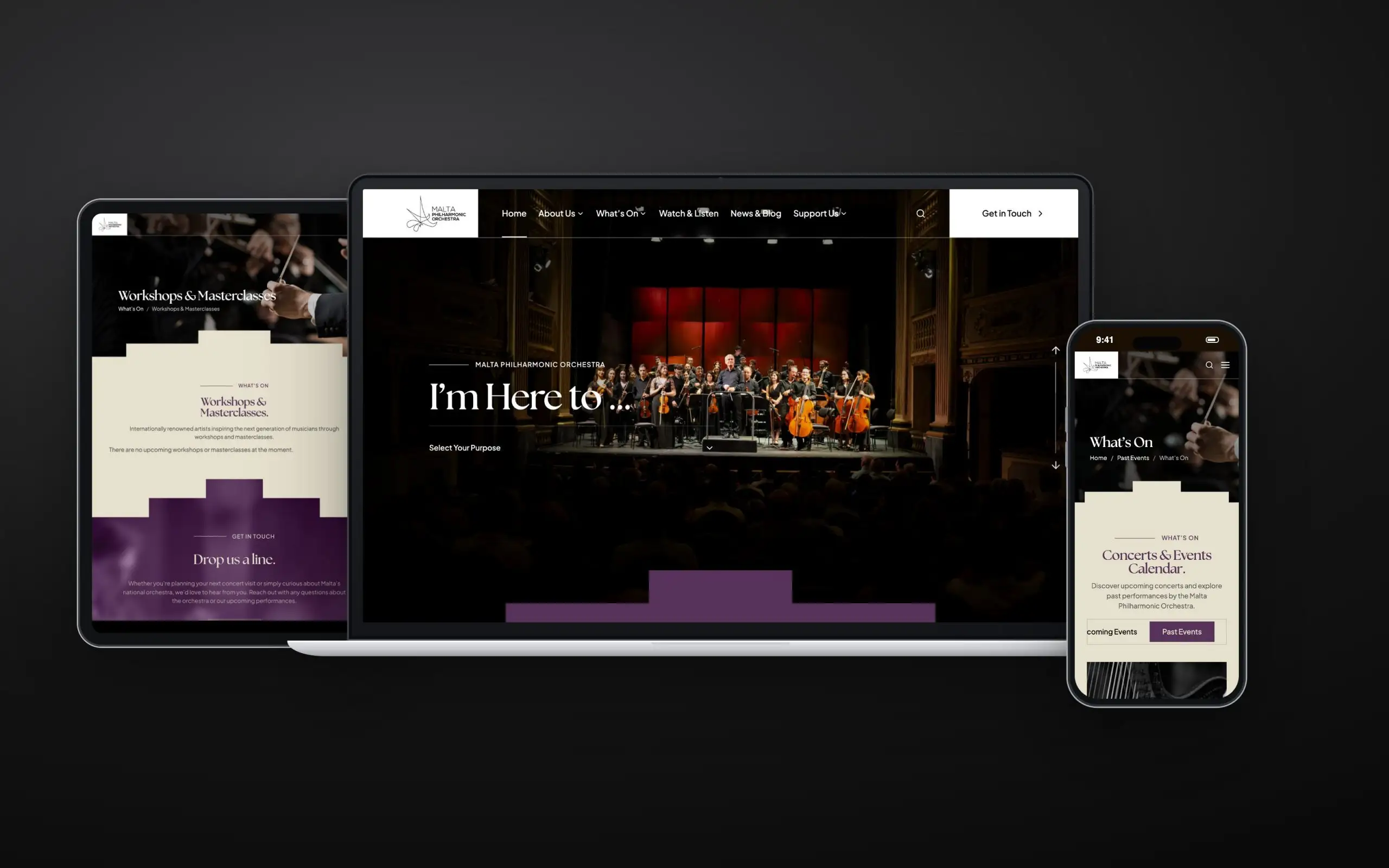 Malta Philharmonic Orchestra website on laptop, tablet and phone