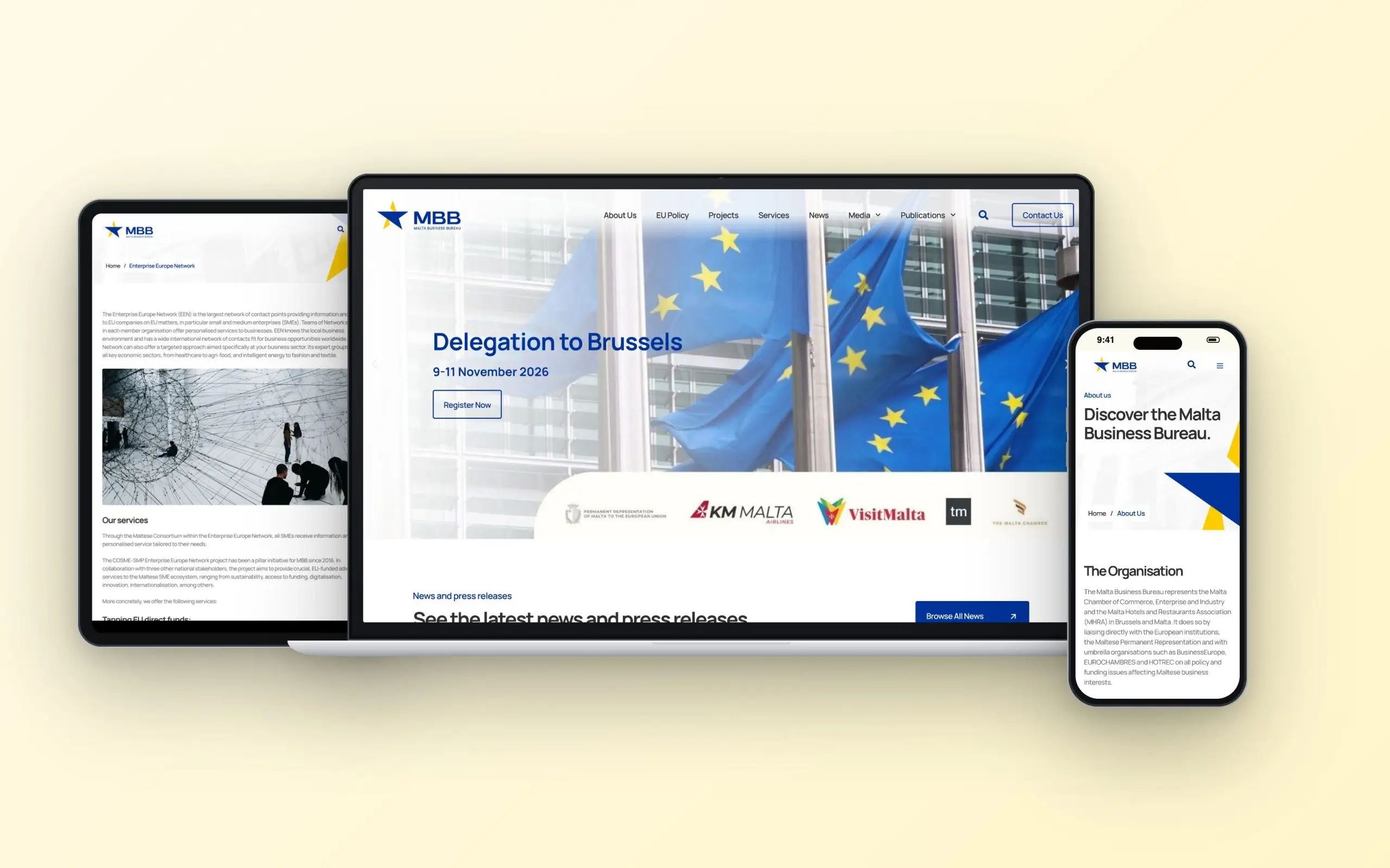 Malta Business Bureau website on laptop, tablet and phone