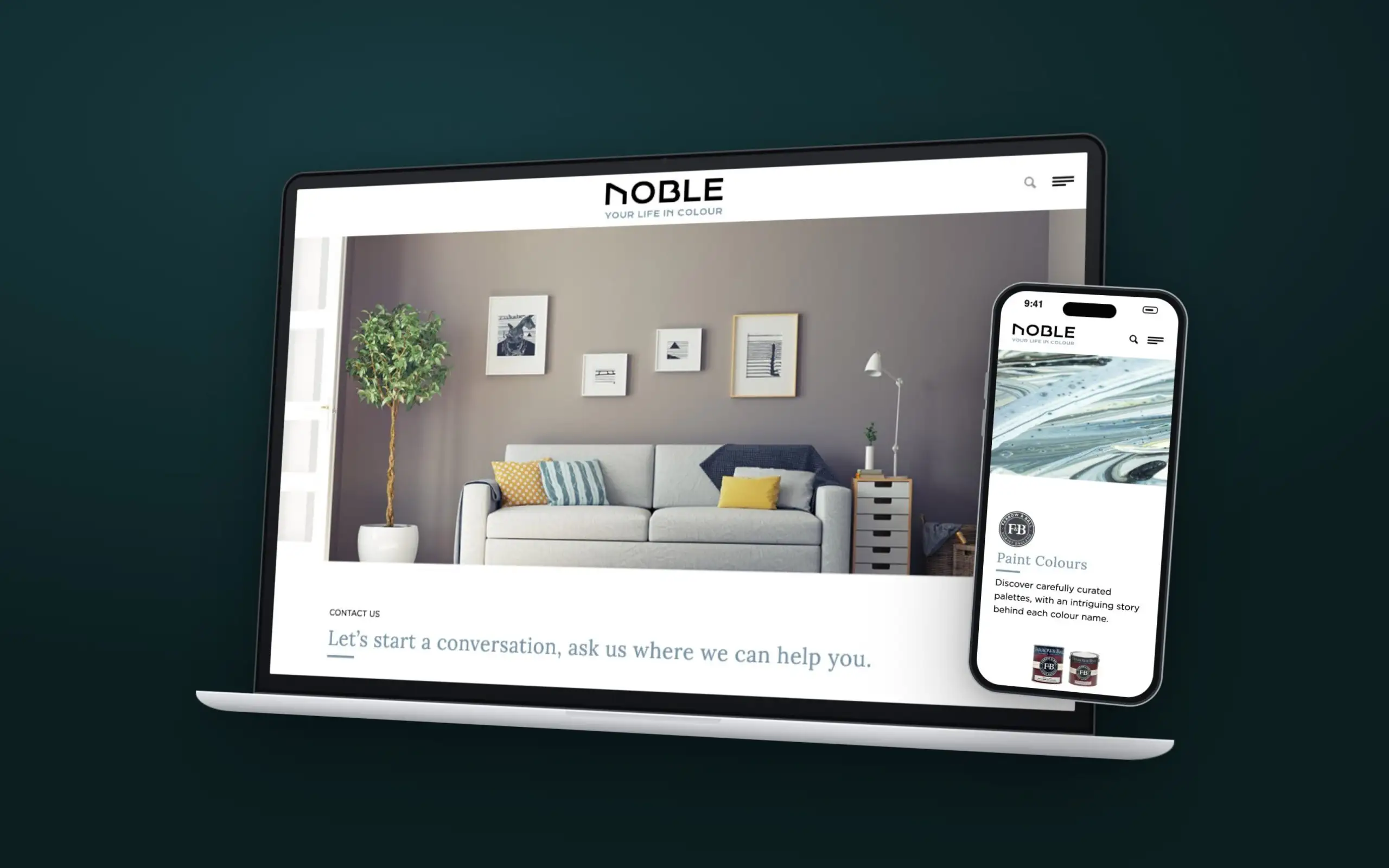 Noble website on an angled laptop and a phone