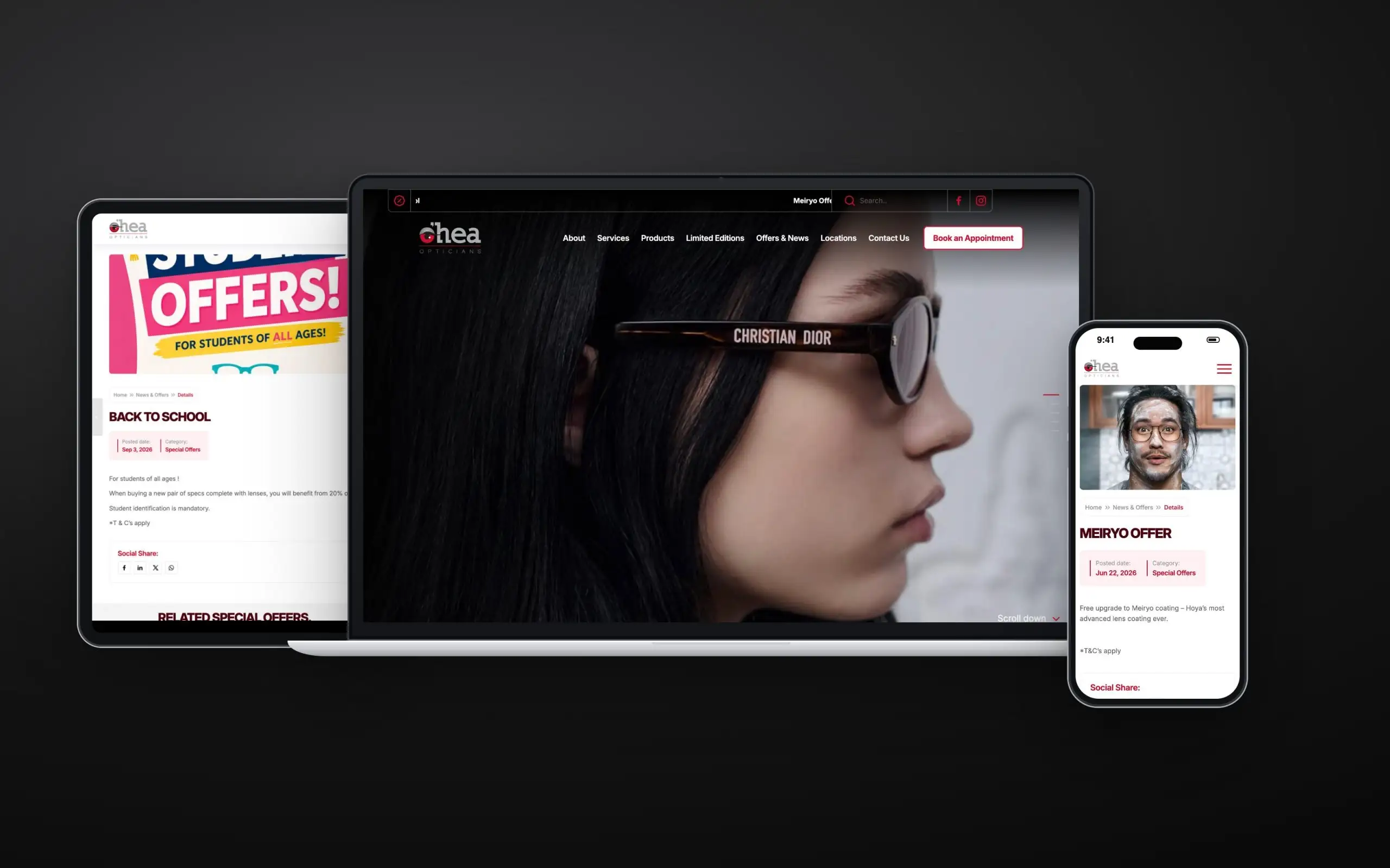 O'Hea Opticians website on laptop, tablet and phone