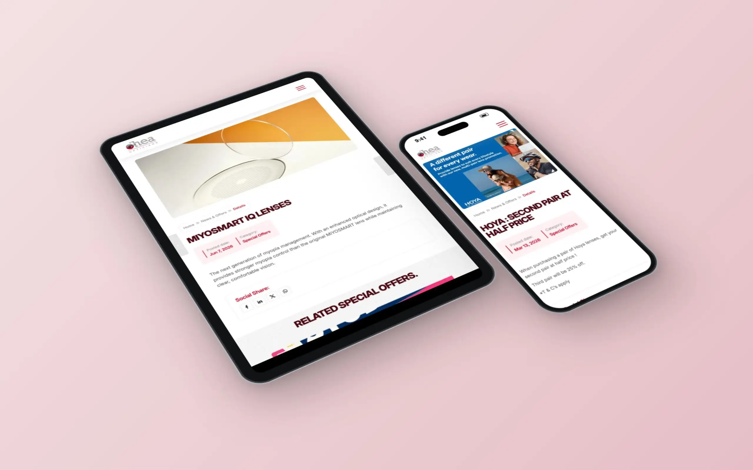 O'Hea Opticians website on a tablet and a phone