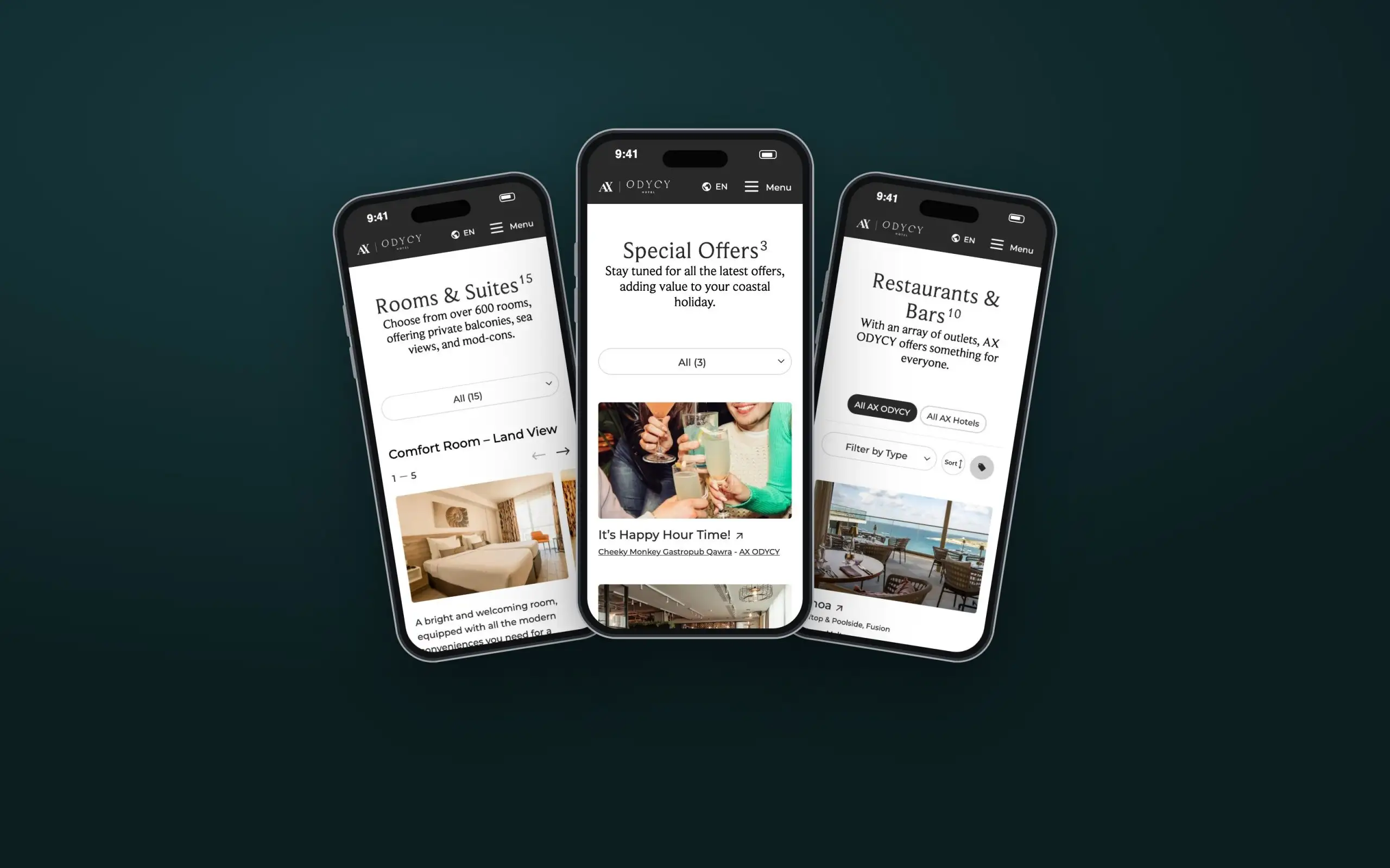 AX ODYCY website on three phones