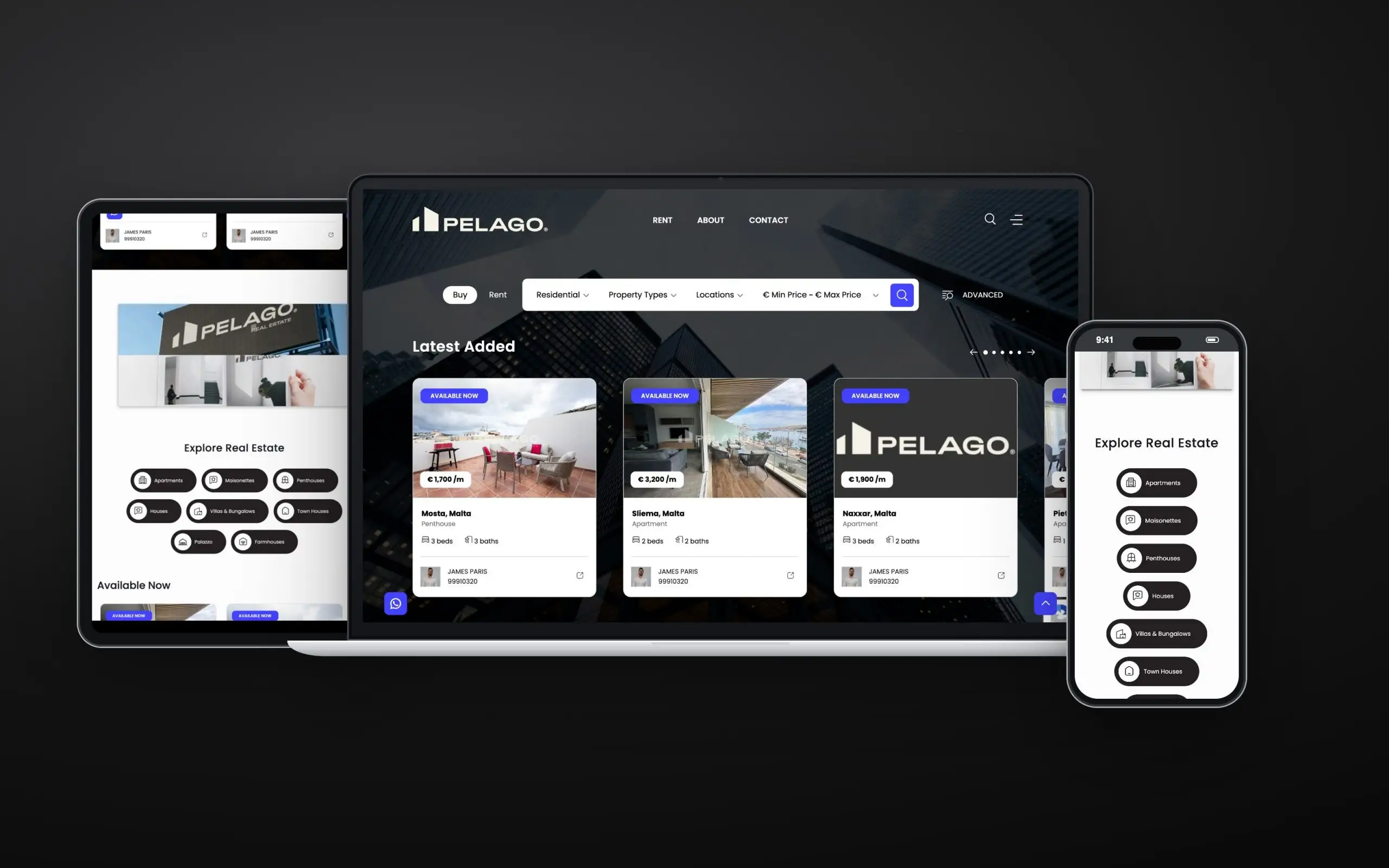 Pelago website on laptop, tablet and phone