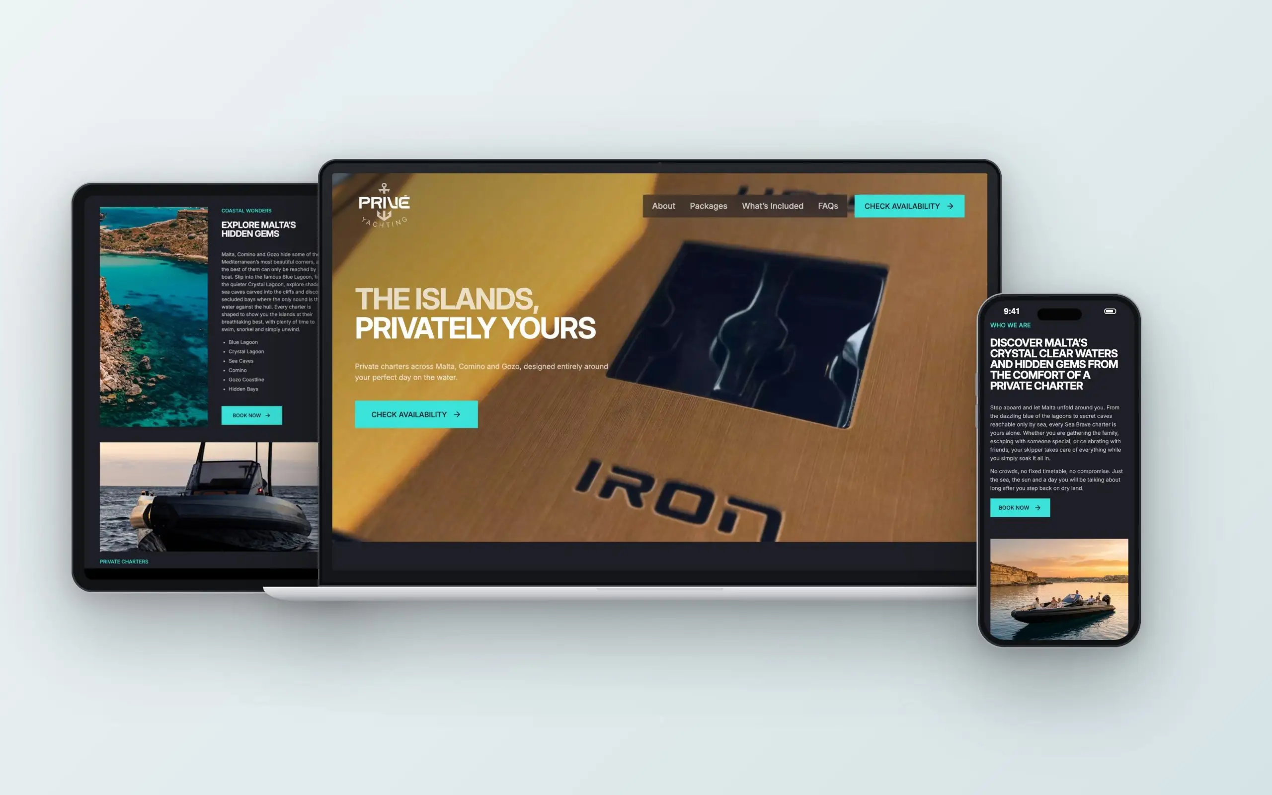 Prive Yachting website on laptop, tablet and phone: homepage, hidden gems and about sections, with the Prive Yachting logo