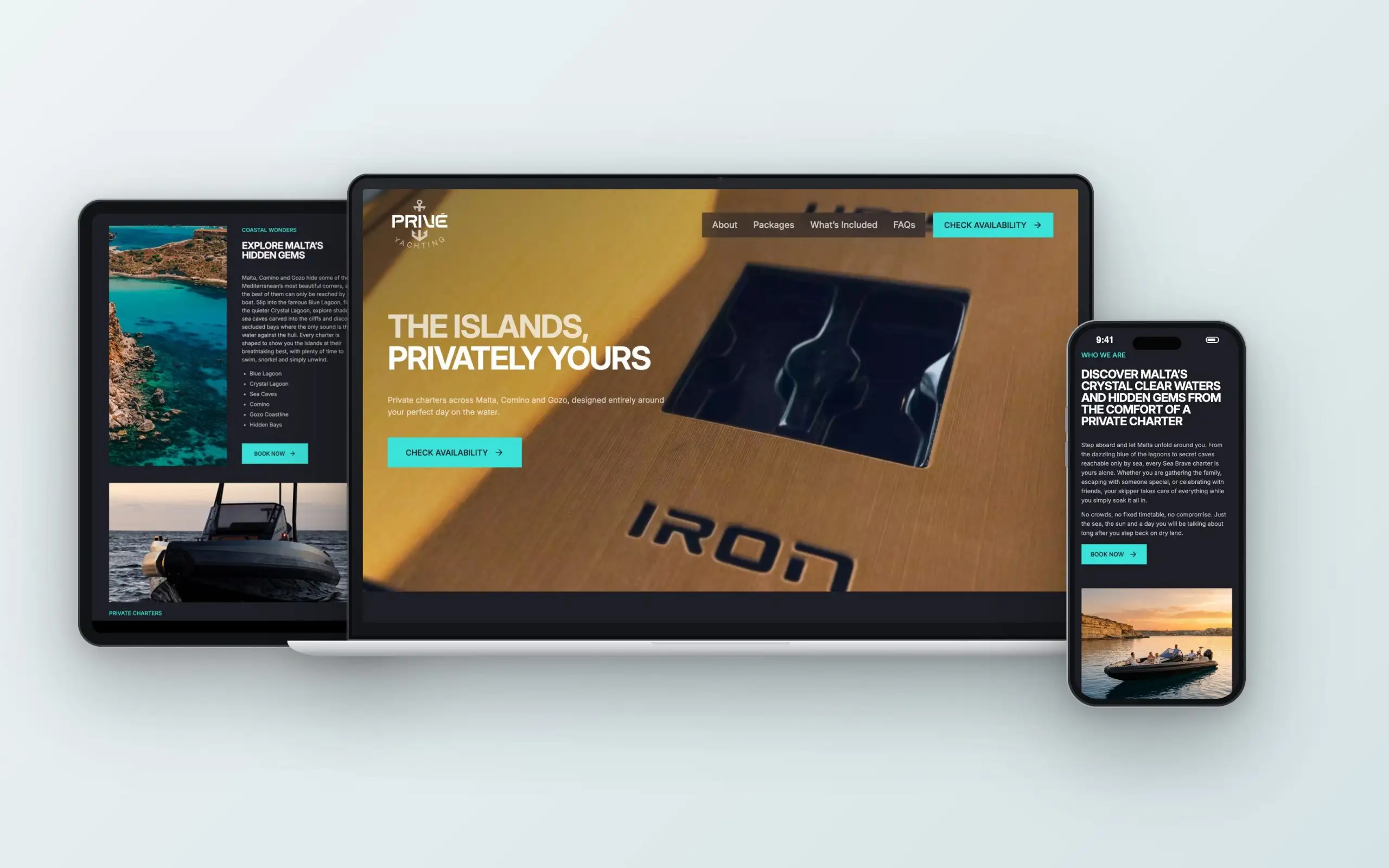 Prive Yachting website on laptop, tablet and phone: homepage, hidden gems and about sections, with the Prive Yachting logo