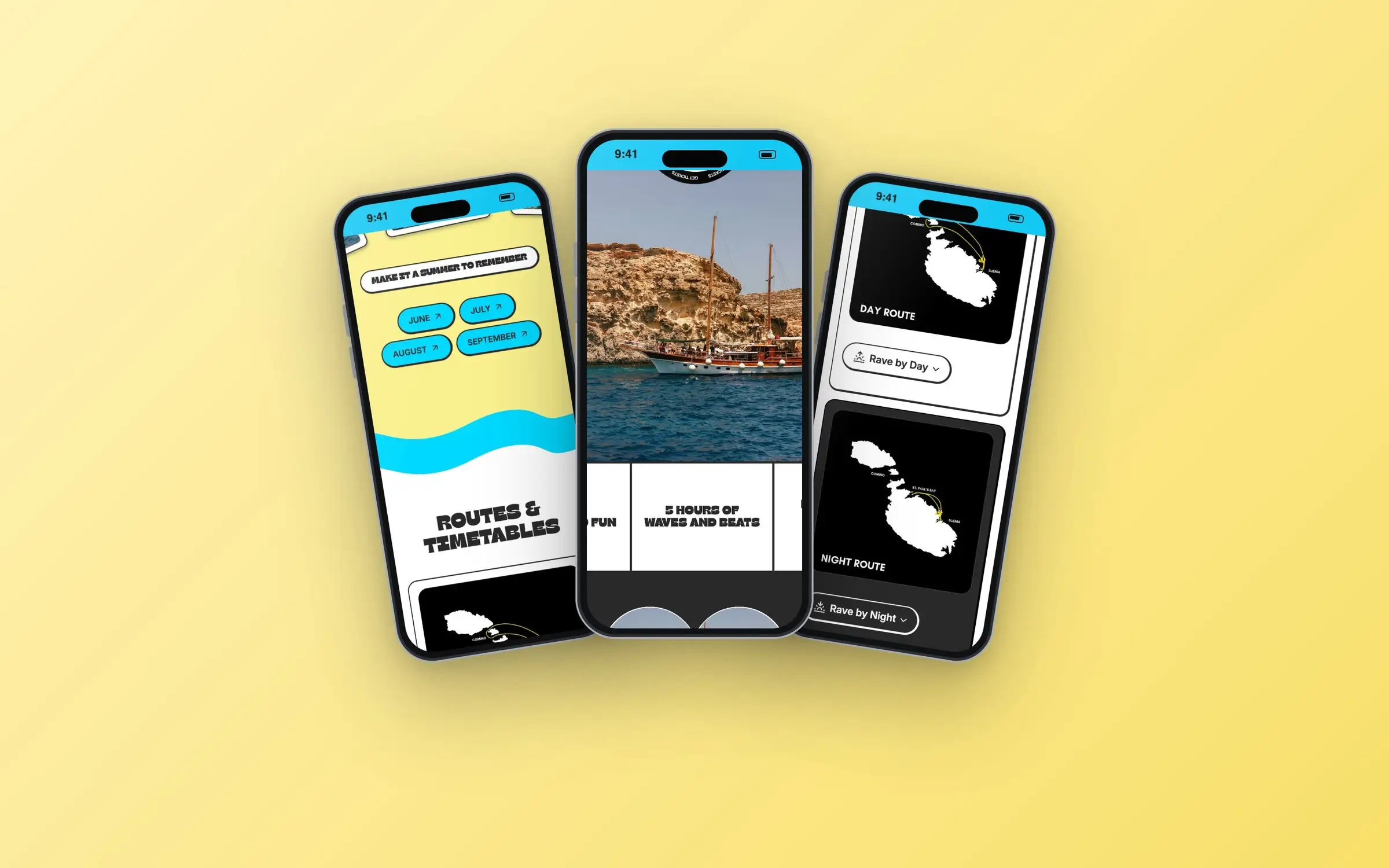 Three phones showing Rave on Wave routes and timetables, a boat trip photo and the night route
