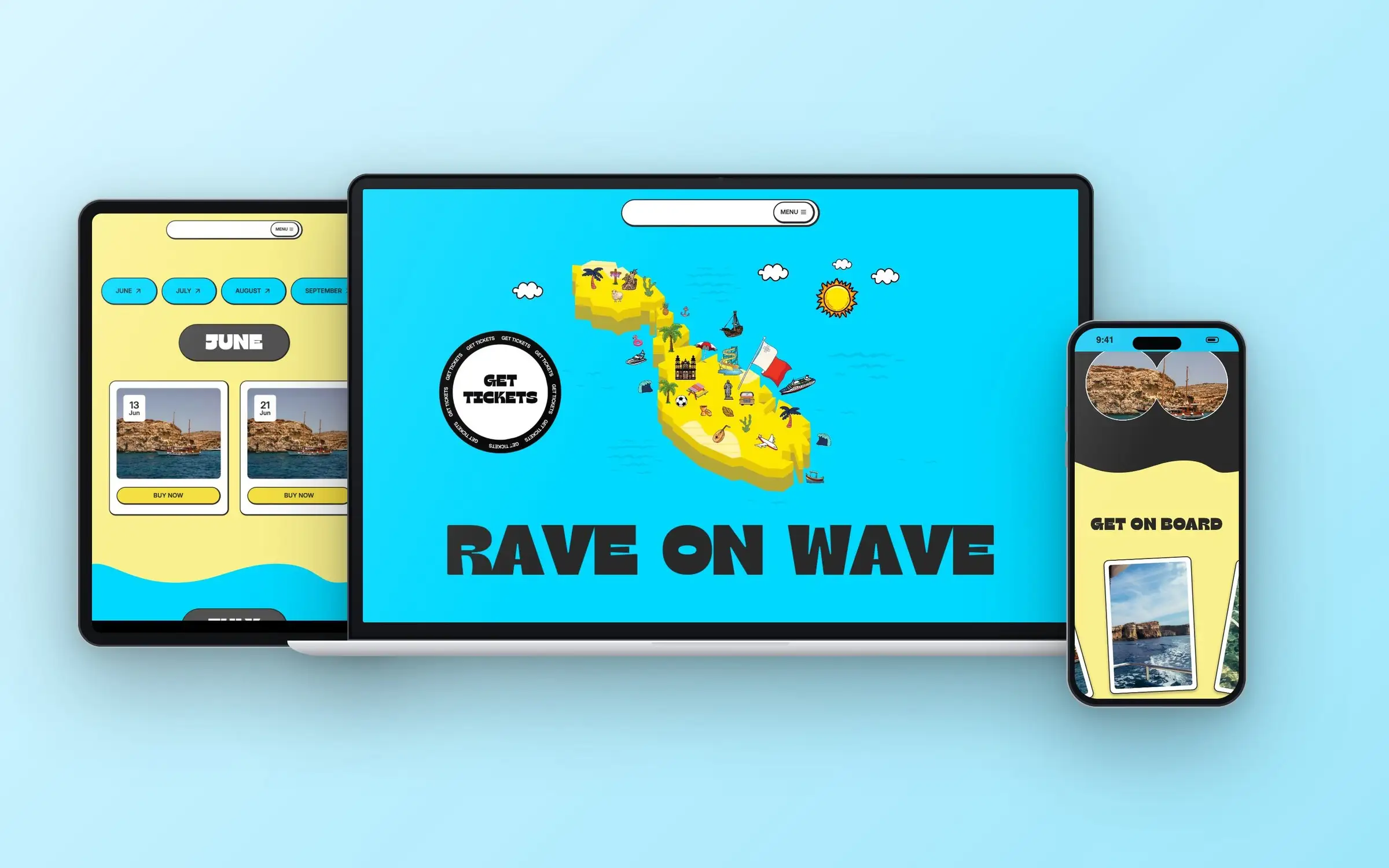 Rave on Wave website on laptop, tablet and phone, showing the homepage, June tickets and Get on Board section