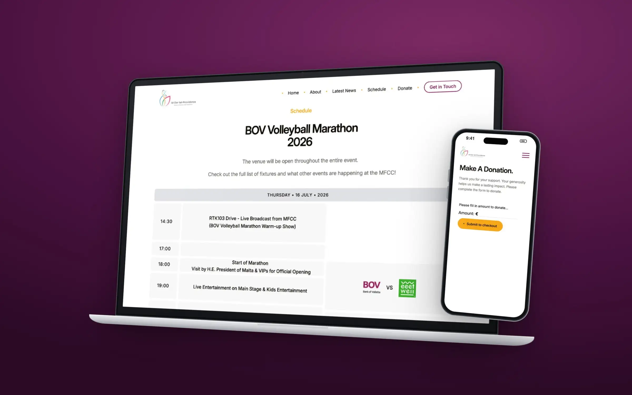 The BOV Volleyball Marathon 2026 schedule on an angled laptop with the Make A Donation form on a phone