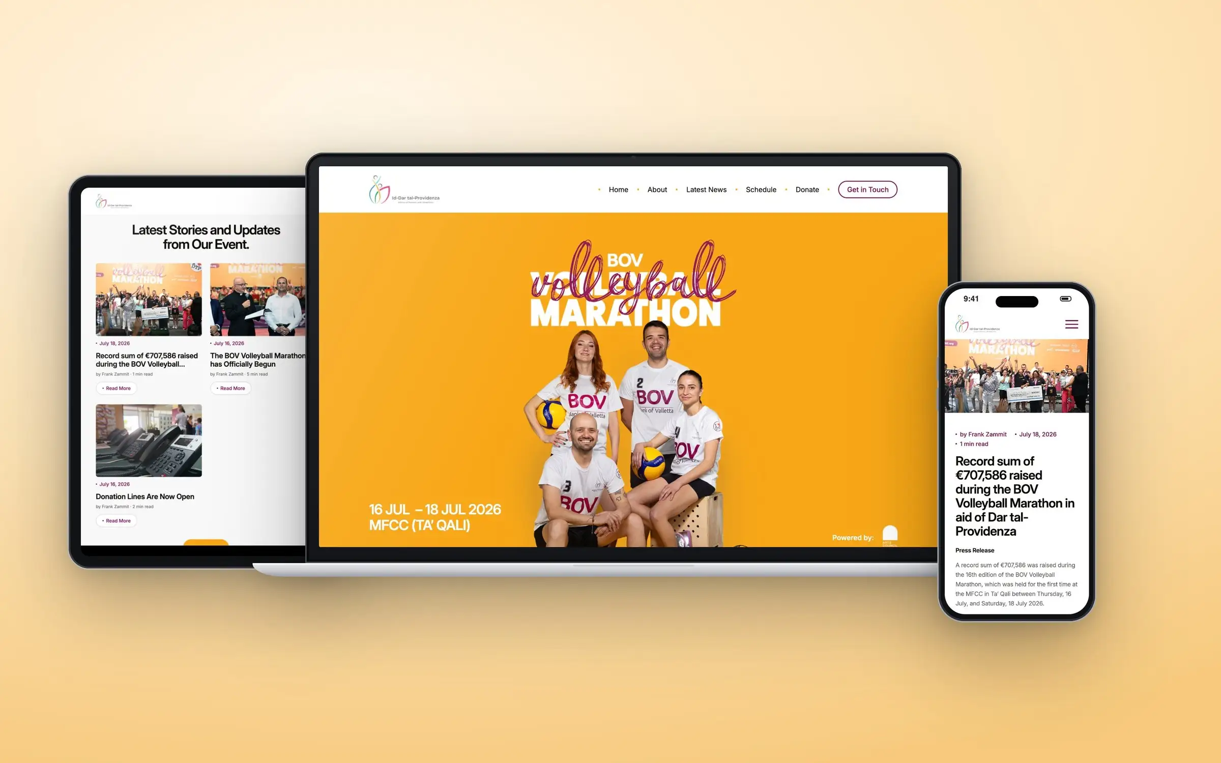 Sabiħ Li Tagħti website on laptop, tablet and phone, showing the BOV Volleyball Marathon homepage, the news section and the record-total press release